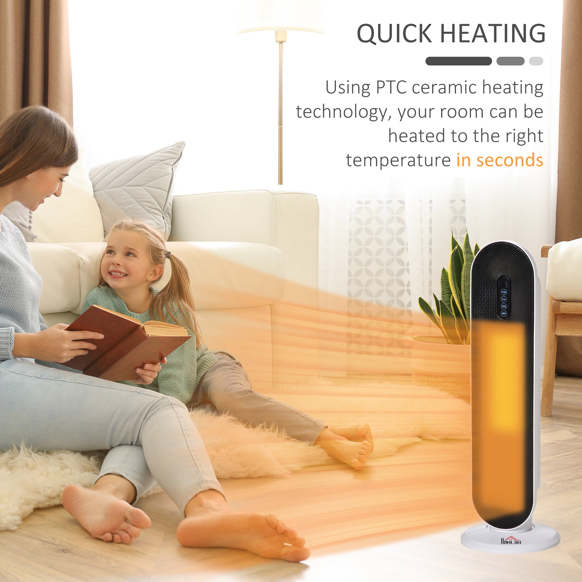 HOMCOM Ceramic Space Heater, Indoor Tower Heater with 2 Heat, Oscillation, Remote Control, Timer, Tip-Over & Overheating Protection, 1200W/2000W, White - North Peak Garden Furniture
