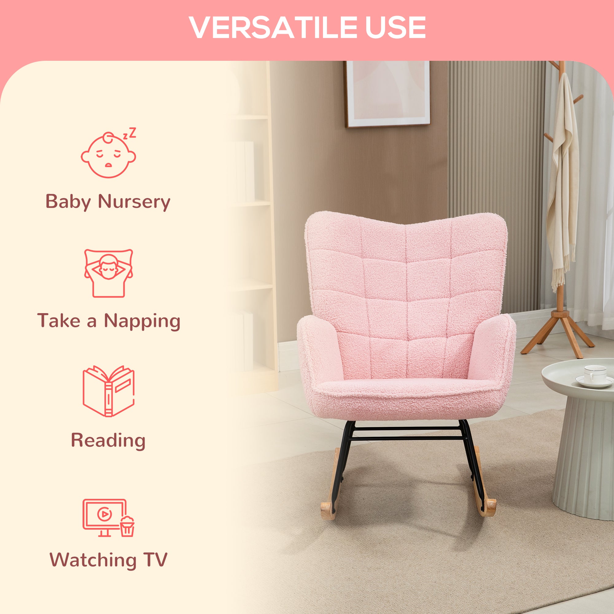 HOMCOM Soft Fleecey Rocking Wingback Chair - Pink - North Peak Garden Furniture