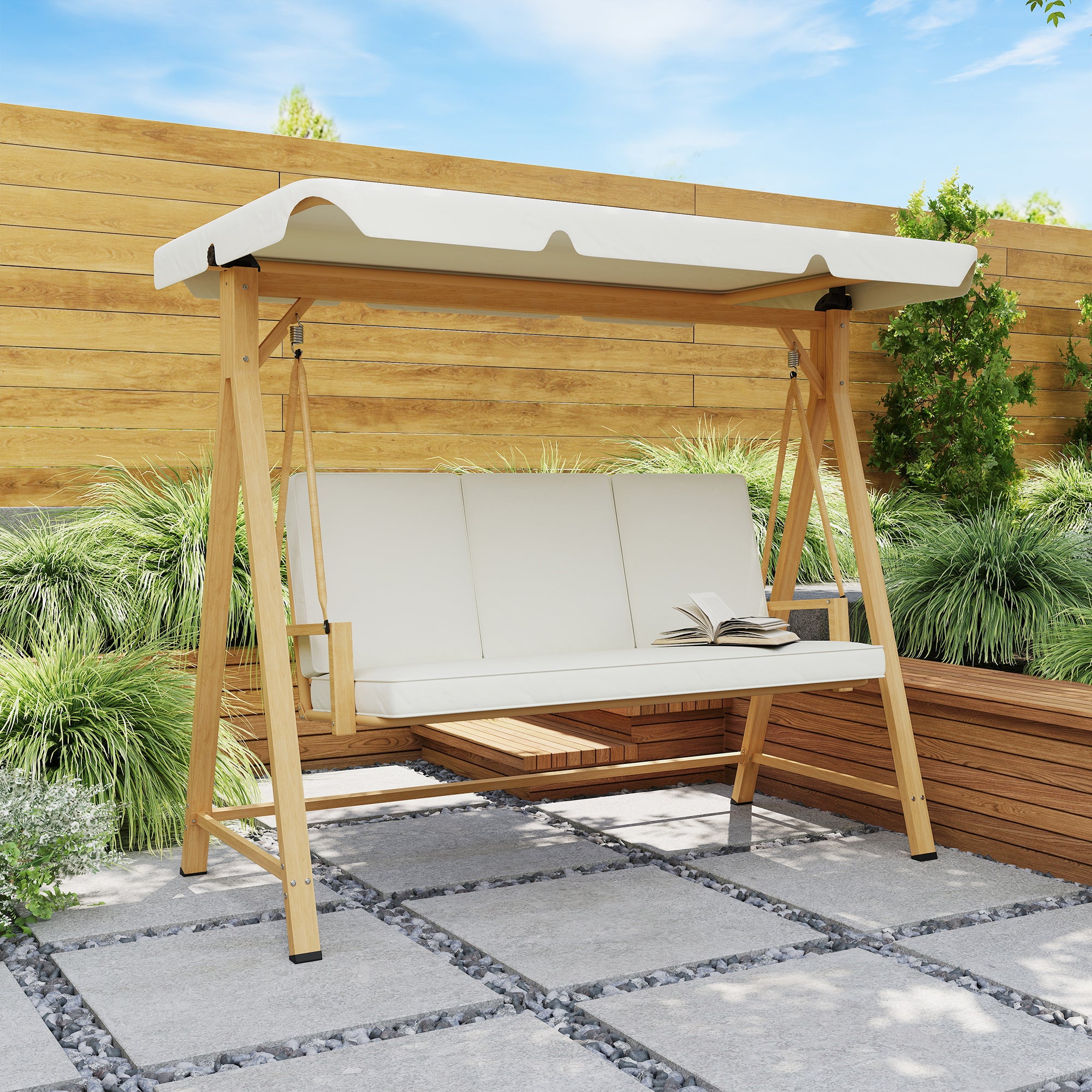 Outsunny Three-Seater Garden Swing Bench, with Adjustable Canopy - Beige - North Peak Garden Furniture