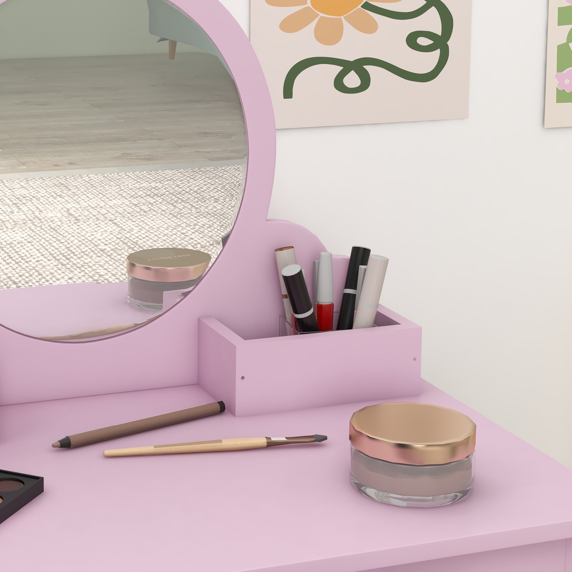 ZONEKIZ Kids Vanity Table with Mirror, Stool, Drawer, Storage Boxes, Cat Design, for Ages 3-6 Years - Pink - North Peak Garden Furniture