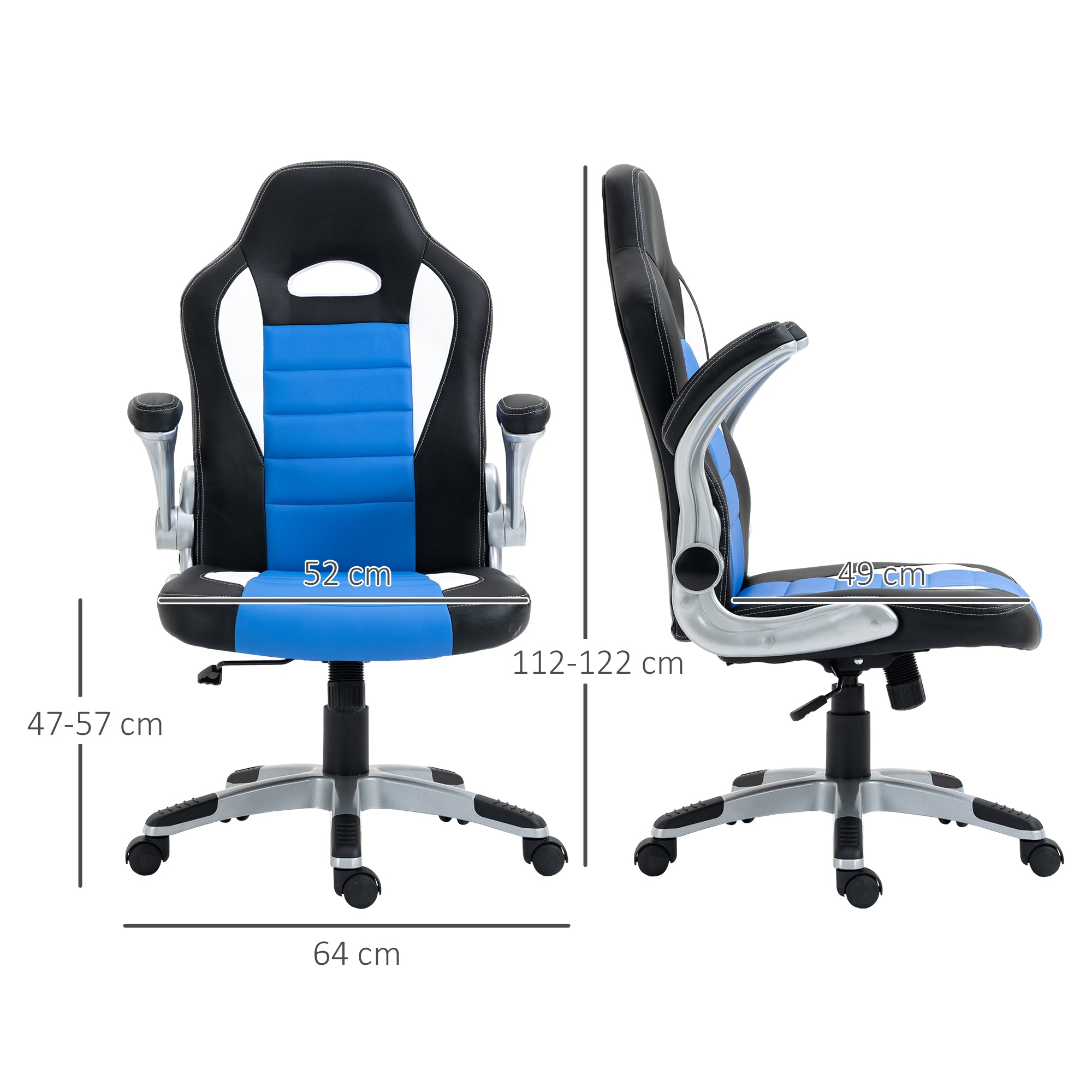 HOMCOM Computer Gaming Chair, Office Desk Swivel Chair, PU Leather Racing Chair with 90° Flip-up Armrest, Adjustable Height and Rolling Wheels, Blue - North Peak Garden Furniture