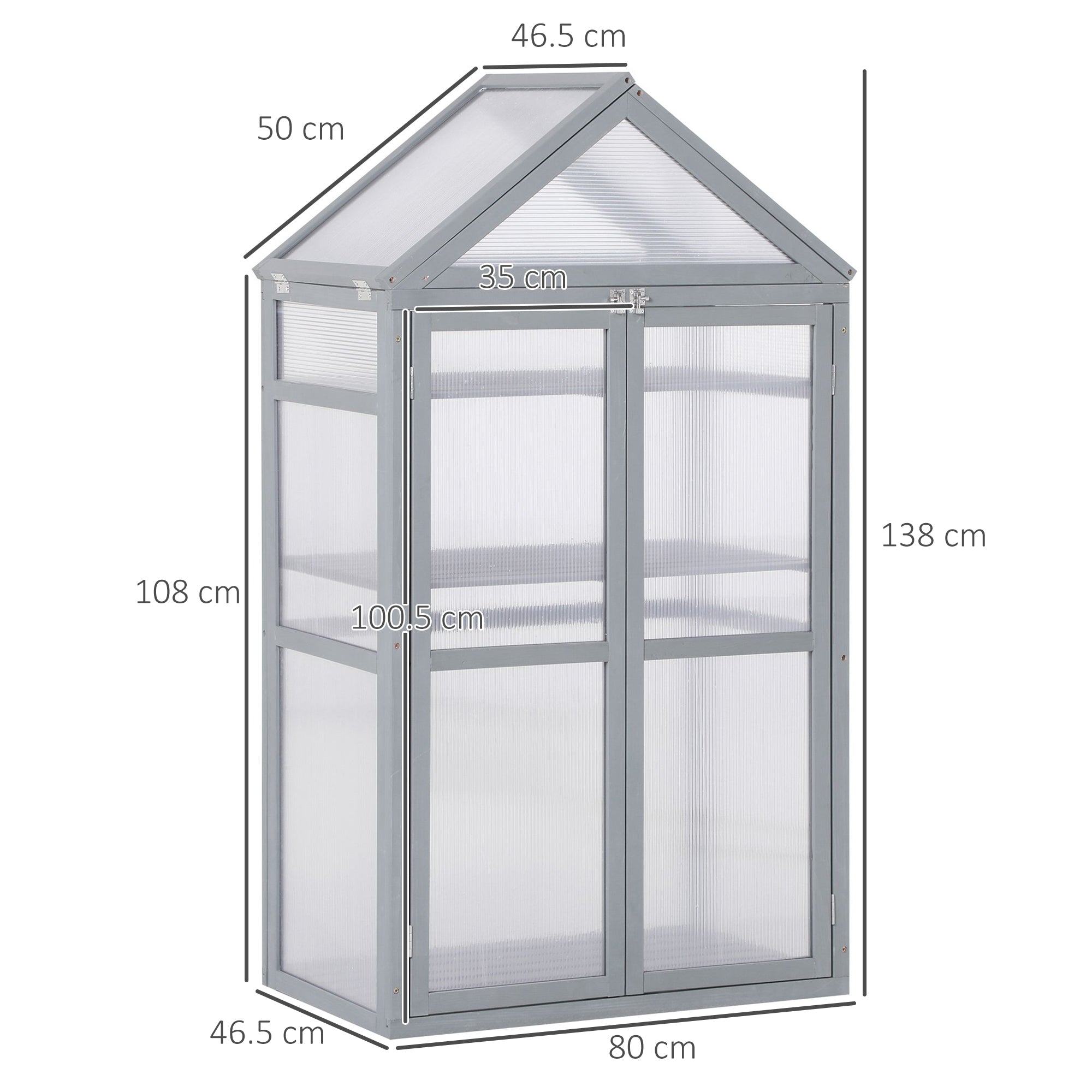 Outsunny Garden Cold Frame Polycarbonate Greenhouse with Adjustable Shelves, Double Doors, Openable Top Covers, Grow House for Flower Vegetable Plants, 80 x 47 x 138cm, Grey - North Peak Garden Furniture