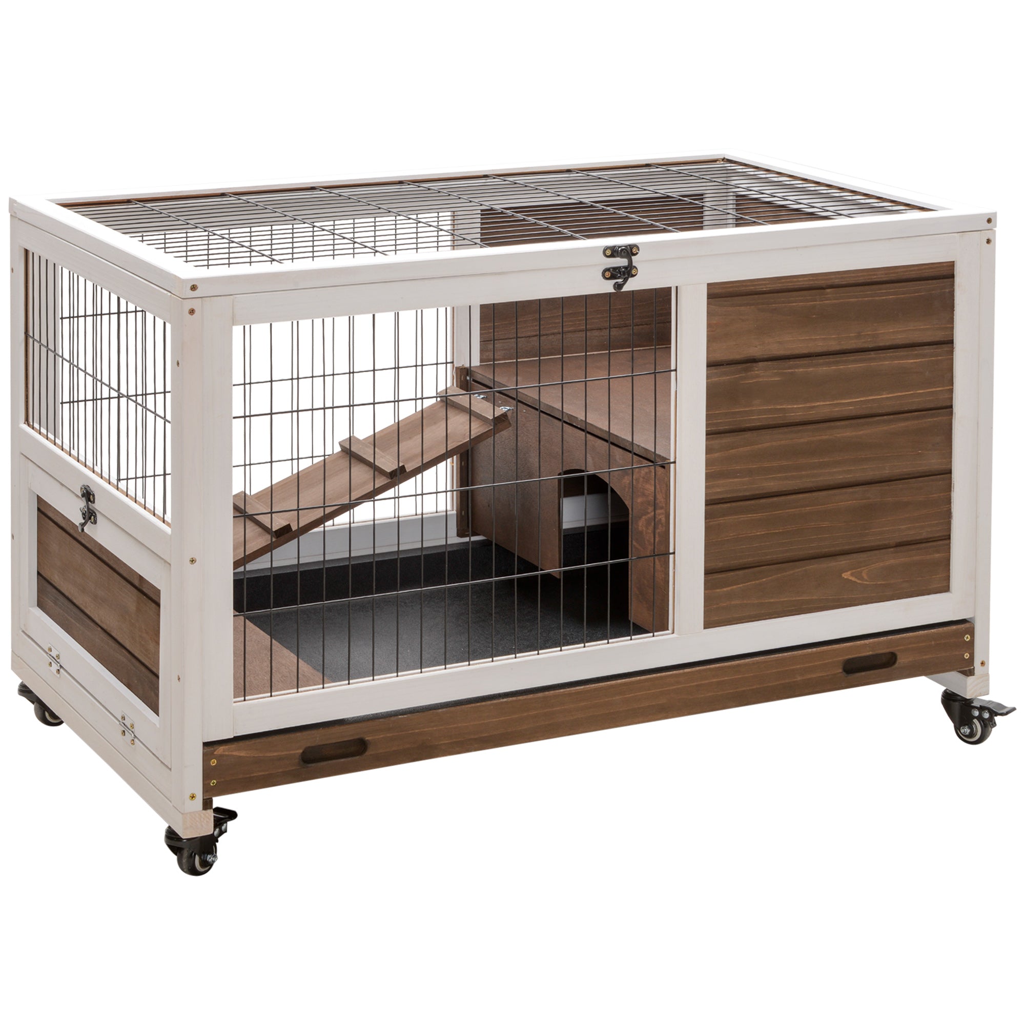 PawHut Wooden Guinea Pig Hutch, 2-Floor Bunny Cage w/ Enclosed Run Area, Brown - North Peak Garden Furniture