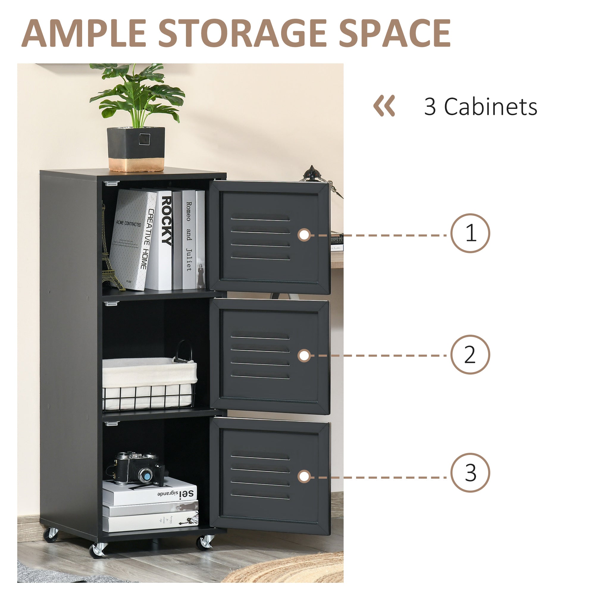 HOMCOM Rolling Storage Cabinet 3-Tier Mobile File Cabinet with Wheels & Metal Doors for Home Office, Living Room, Black - North Peak Garden Furniture
