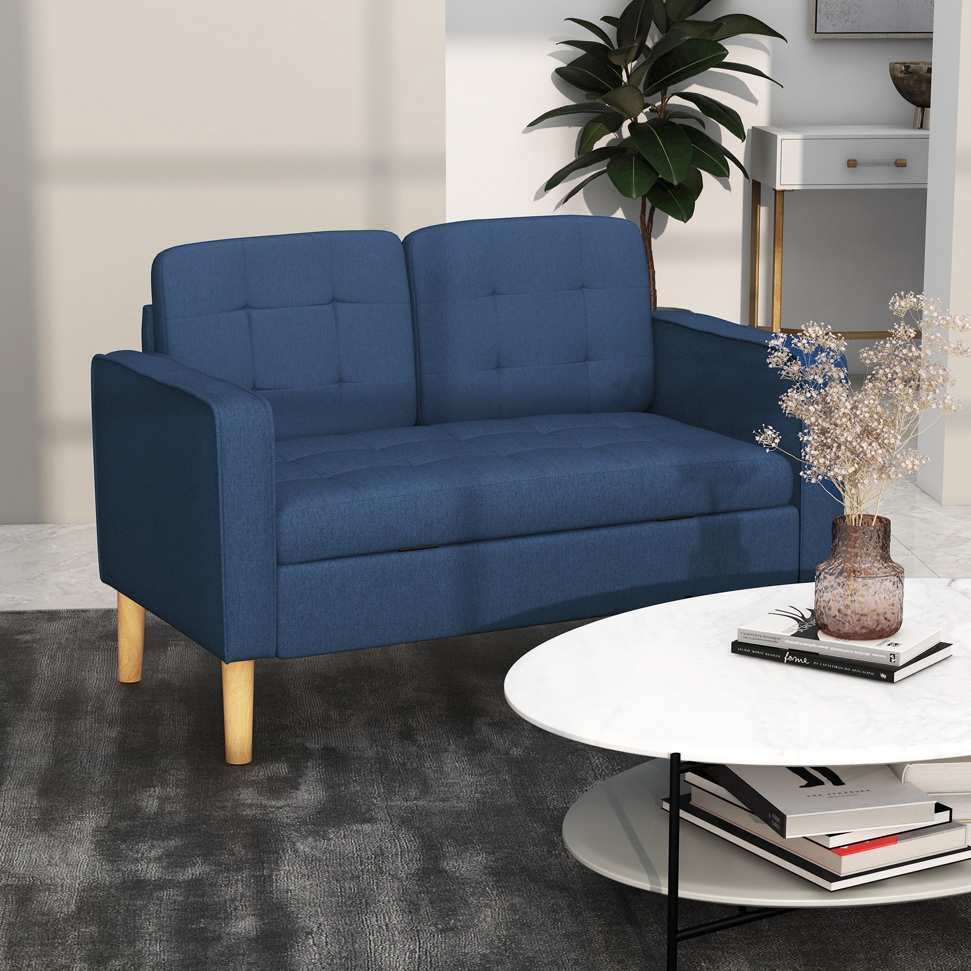 HOMCOM Modern Loveseat Sofa, Compact 2 Seater Sofa with Hidden Storage, 117cm Tufted Cotton Couch with Wood Legs, Blue - North Peak Garden Furniture