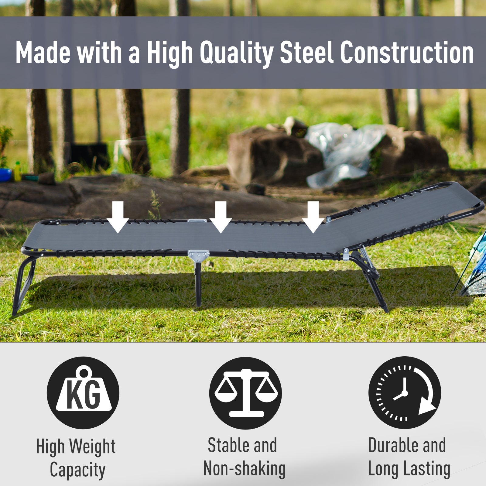 Outsunny Foldable Sun Lounger, Outdoor 4 Level Adjustable Backrest Reclining Chaise Chair, Steel Frame Recliner Chair for Camping, Hiking, Grey - North Peak Garden Furniture