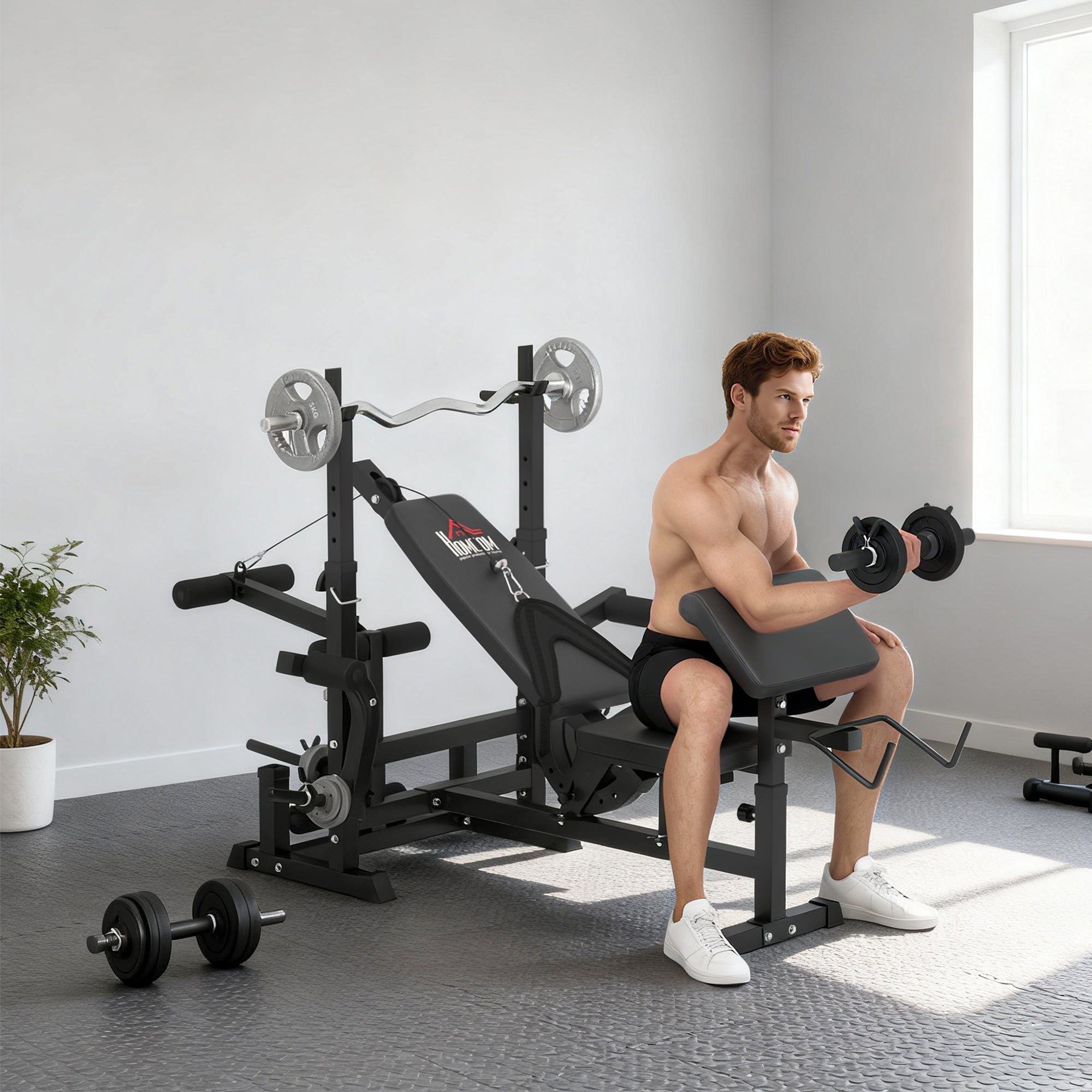 HOMCOM Multi-Exercise Full-Body Weight Rack with Bench Press, Leg Extension, Chest Fly Resistance Band & Preacher Curl
