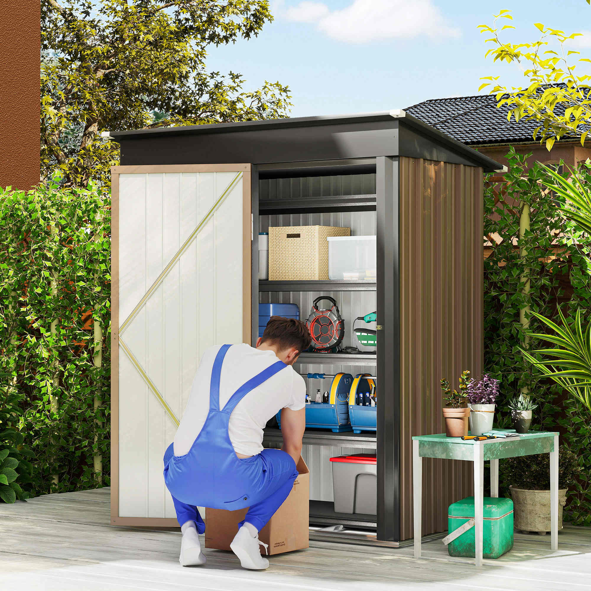 Outsunny Metal Garden Shed, Outdoor Lean-to Shed for Tool Motor Bike, with Adjustable Shelf, Lock, Gloves, 5'x3'x6', Brown