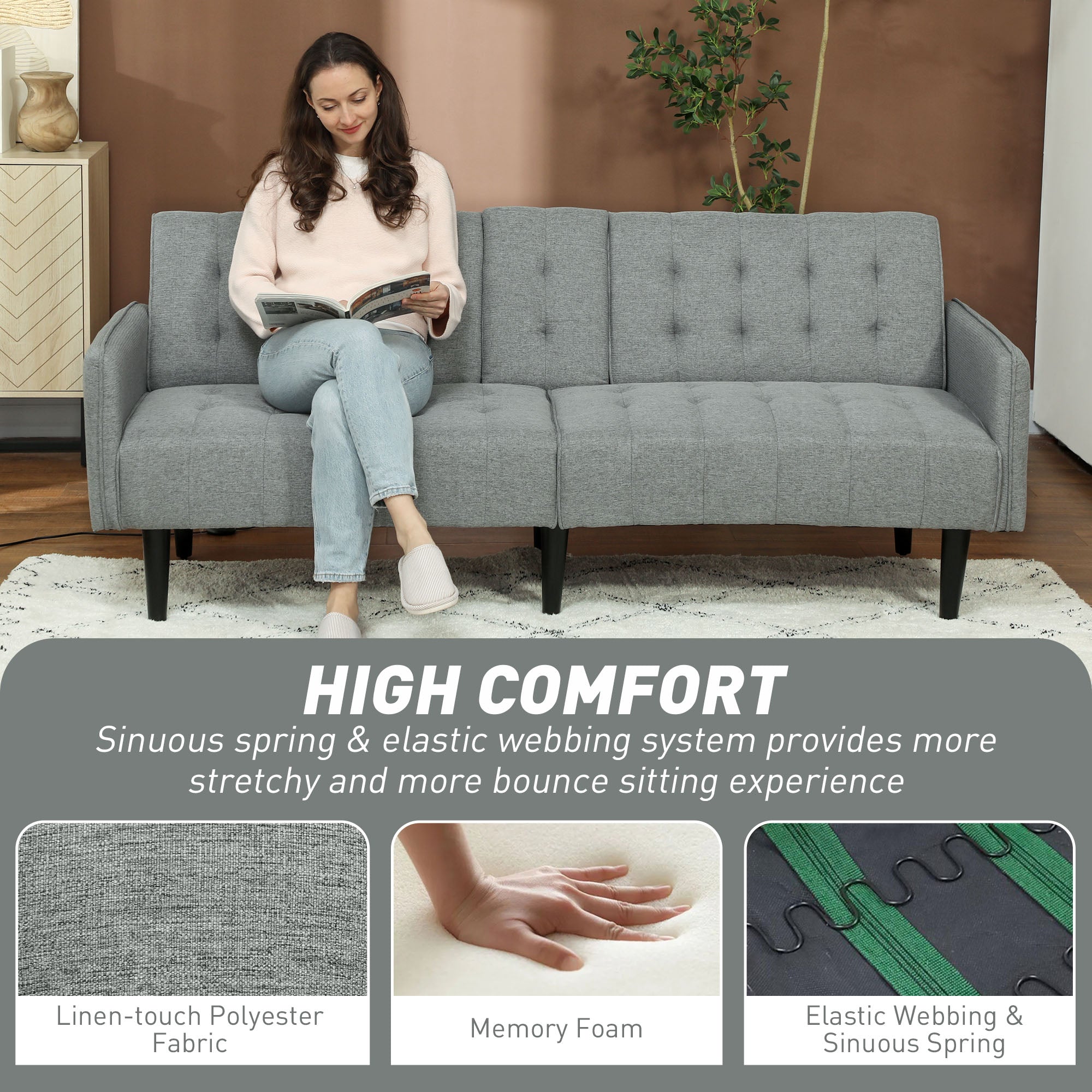 HOMCOM Upholstered Click Clack Sofa Bed, Linen-Feel 3 Seater Sofa Bed with Storage and Cupholders, Light Grey - North Peak Garden Furniture