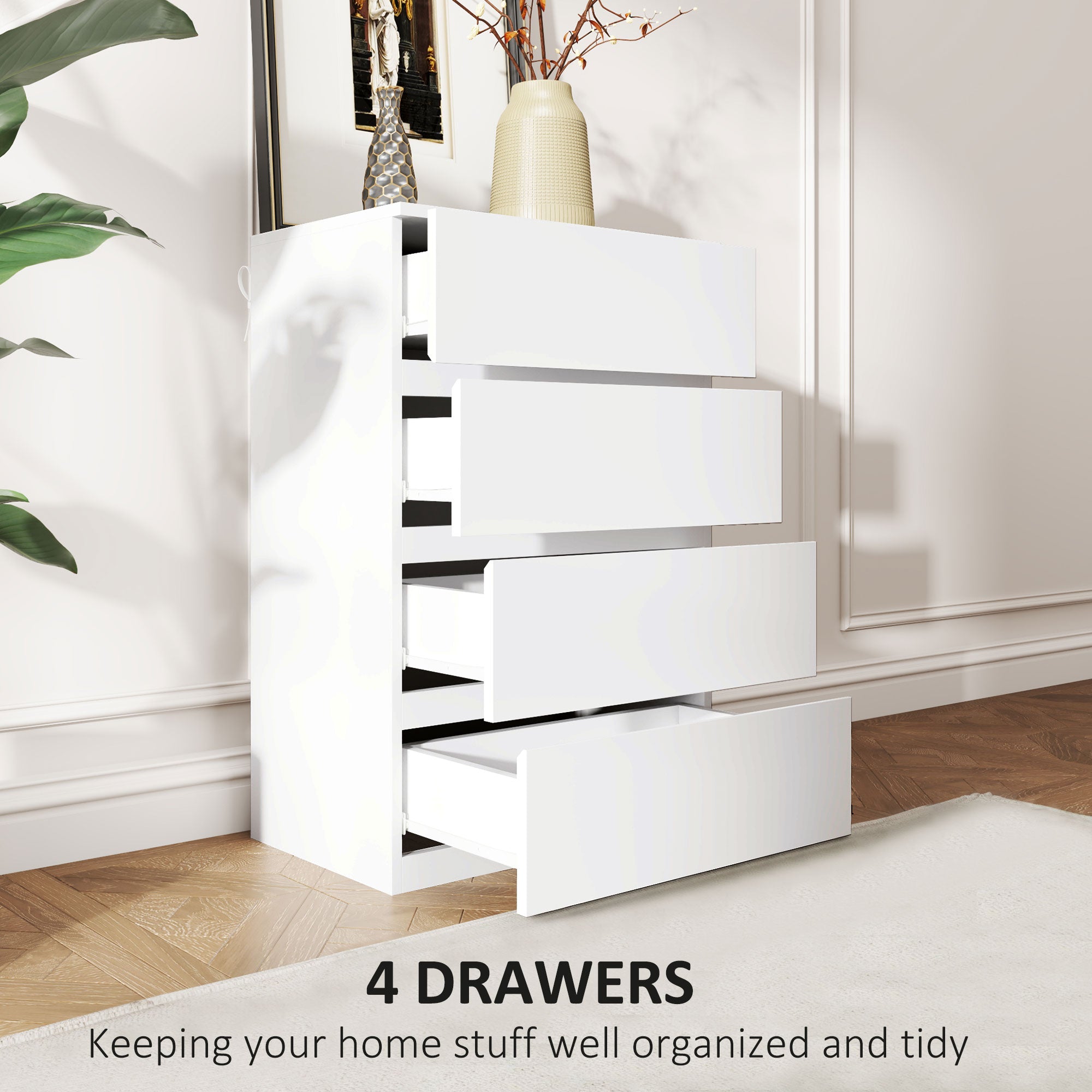 HOMCOM Chest of Drawers, 4 Drawers Storage Cabinet Floor Tower Cupboard for Bedroom Living Room, White - North Peak Garden Furniture