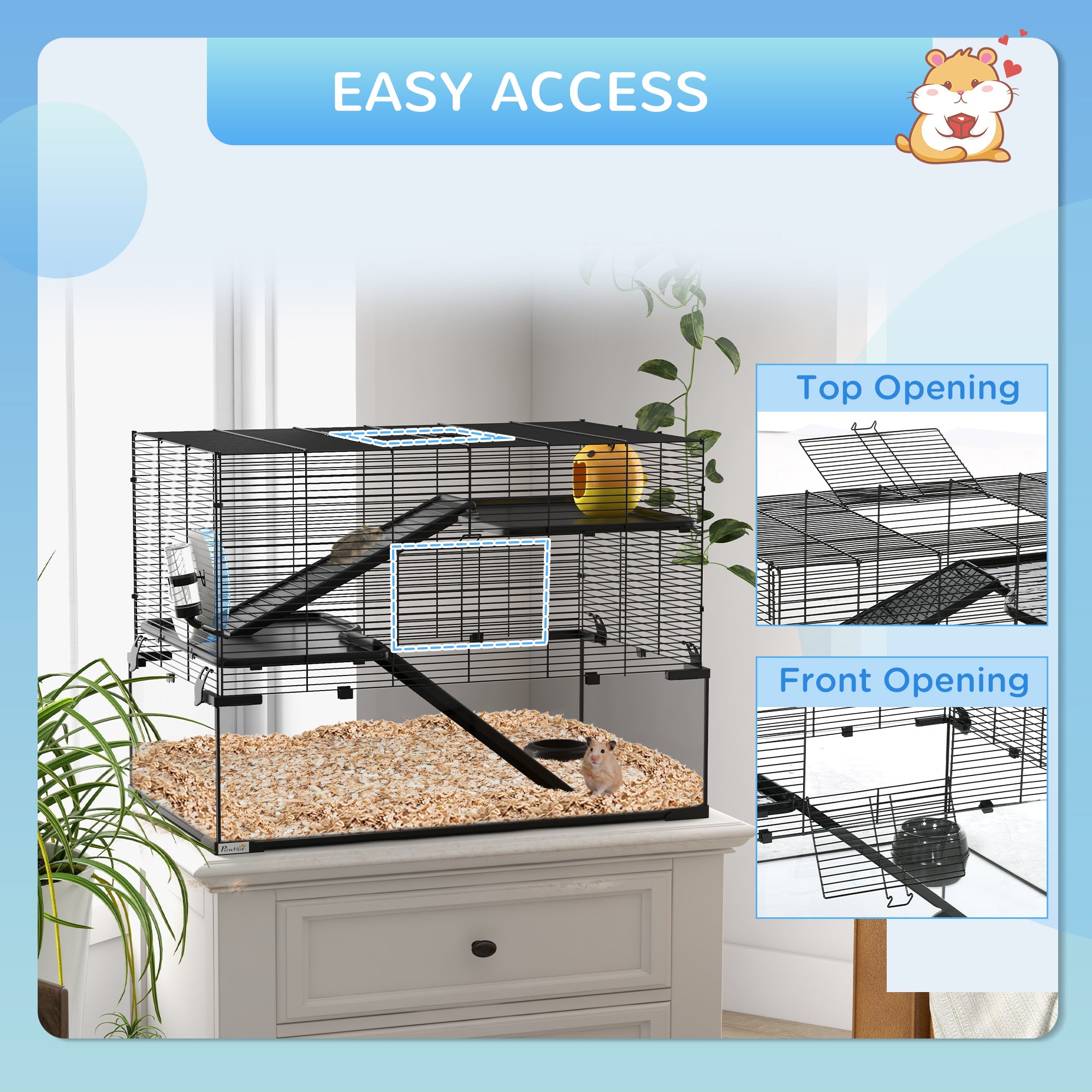 PawHut 3 Tiers Hamster Cage, Gerbil Cage with Deep Glass Bottom, Non-Slip Ramps, Platforms, Hut, Exercise Wheels, Water Bottle, Dish, for Syrian Hamster, Dwarf Hamster, 78.5 x 48.5 x 57cm - North Peak Garden Furniture