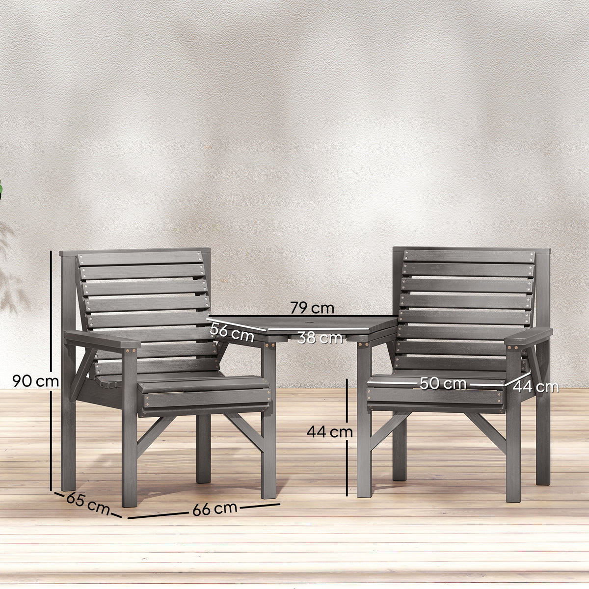 Outsunny Wooden Garden Bistro Set, 2 Seater Wooden Outdoor Table and Chairs with Parasol Hole for Patio, Light Grey