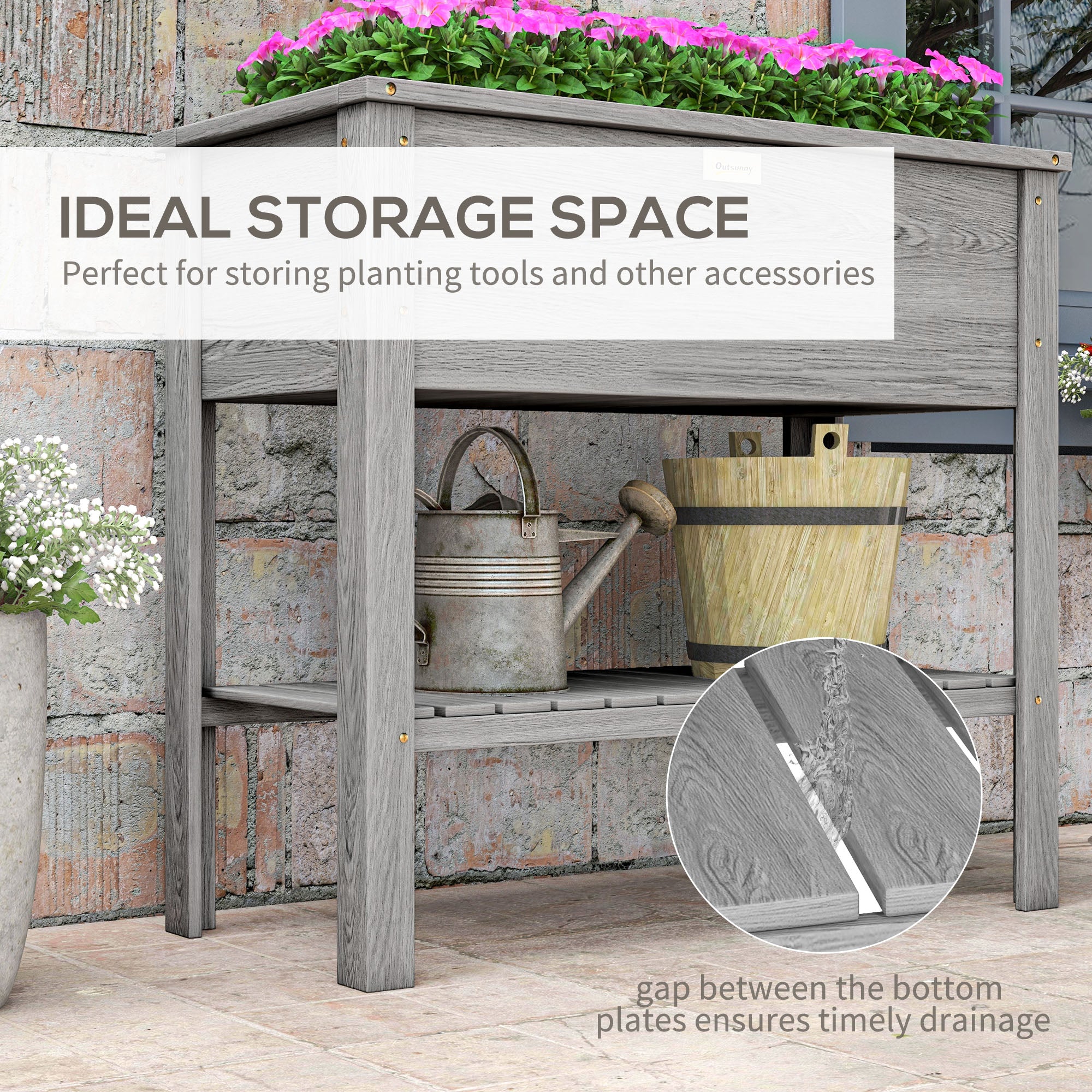 Outsunny Wooden Raised Garden Bed, Elevated Planter Box with Storage Shelf and Drainage Holes, Raised Planter with Legs, Grey