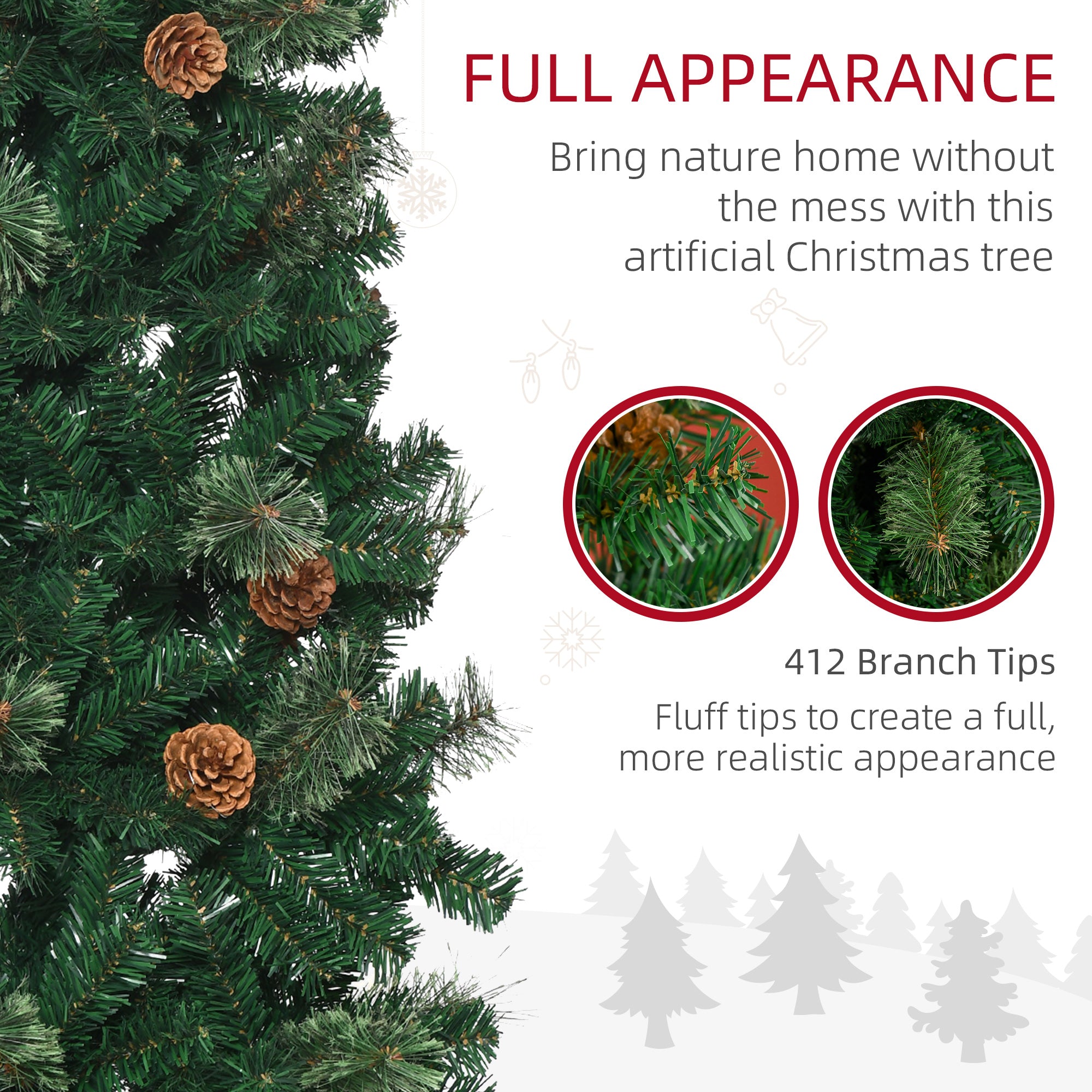HOMCOM 5.5FT Tall Pencil Slim Artificial Christmas Tree with Realistic Branches, Tip Count and Pine Cones, Pine Needles Tree, Xmas Decoration, Green - North Peak Garden Furniture