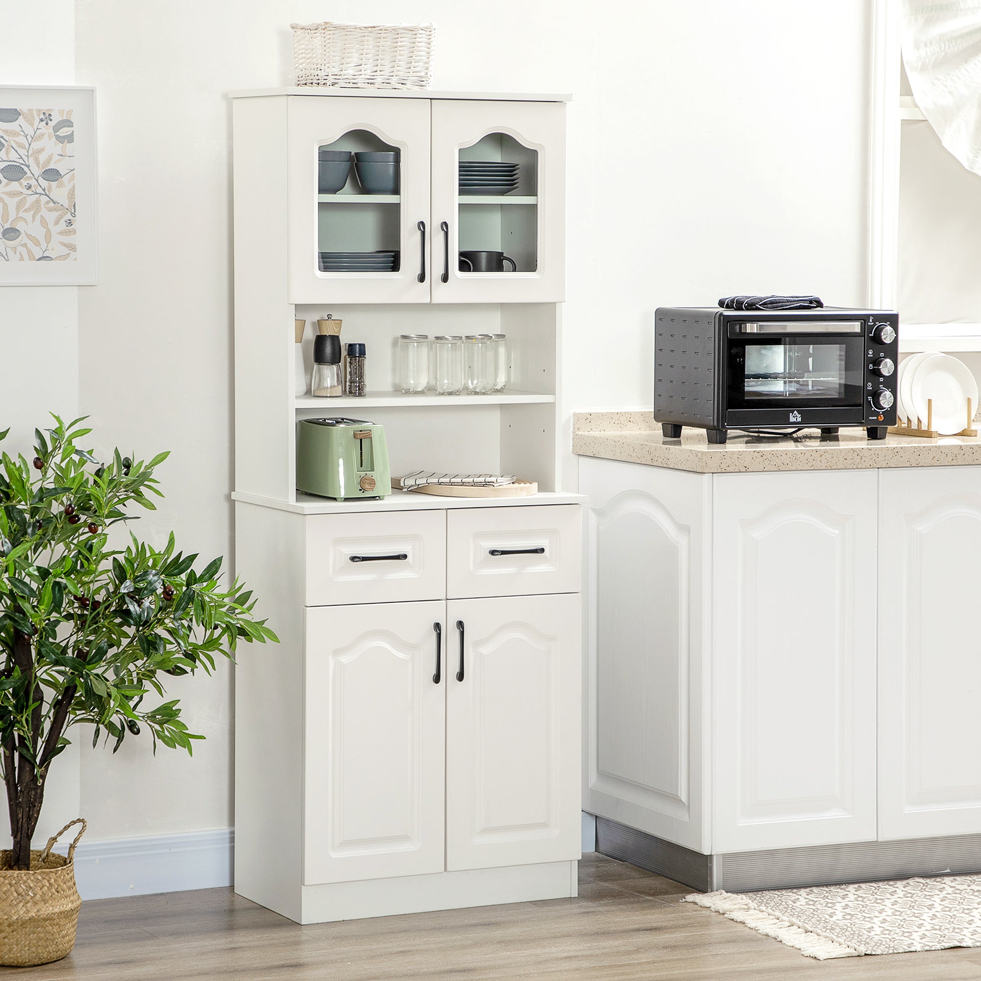 HOMCOM Kitchen Cupboard, Freestanding Storage Cabinet with 2 Adjustable Shelves, 2 Drawers and Open Counter for Living Room, Dining Room, 168cm, White - North Peak Garden Furniture