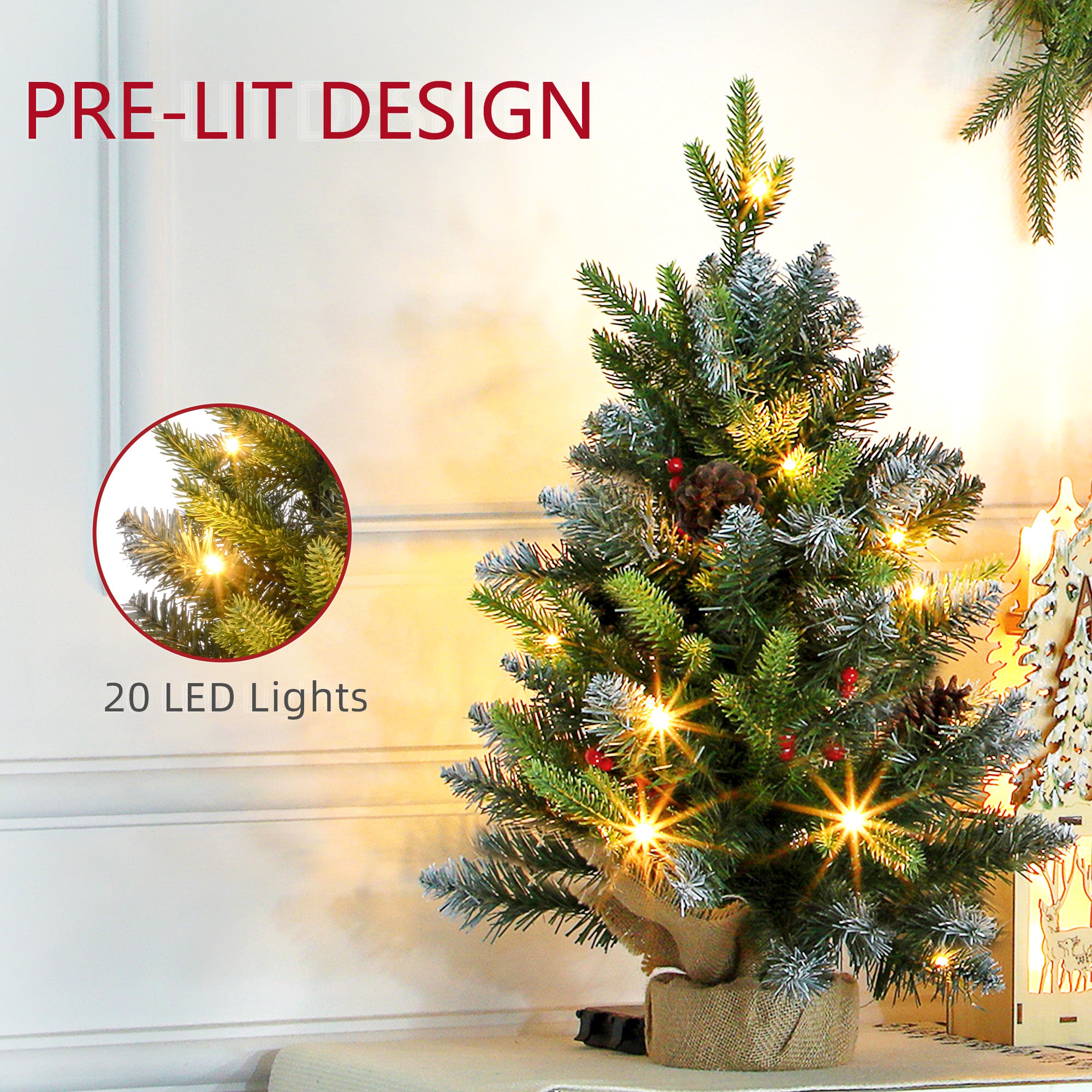 HOMCOM Set of Two 2ft Christmas Trees, with Lights, Berries and Pinecones - North Peak Garden Furniture