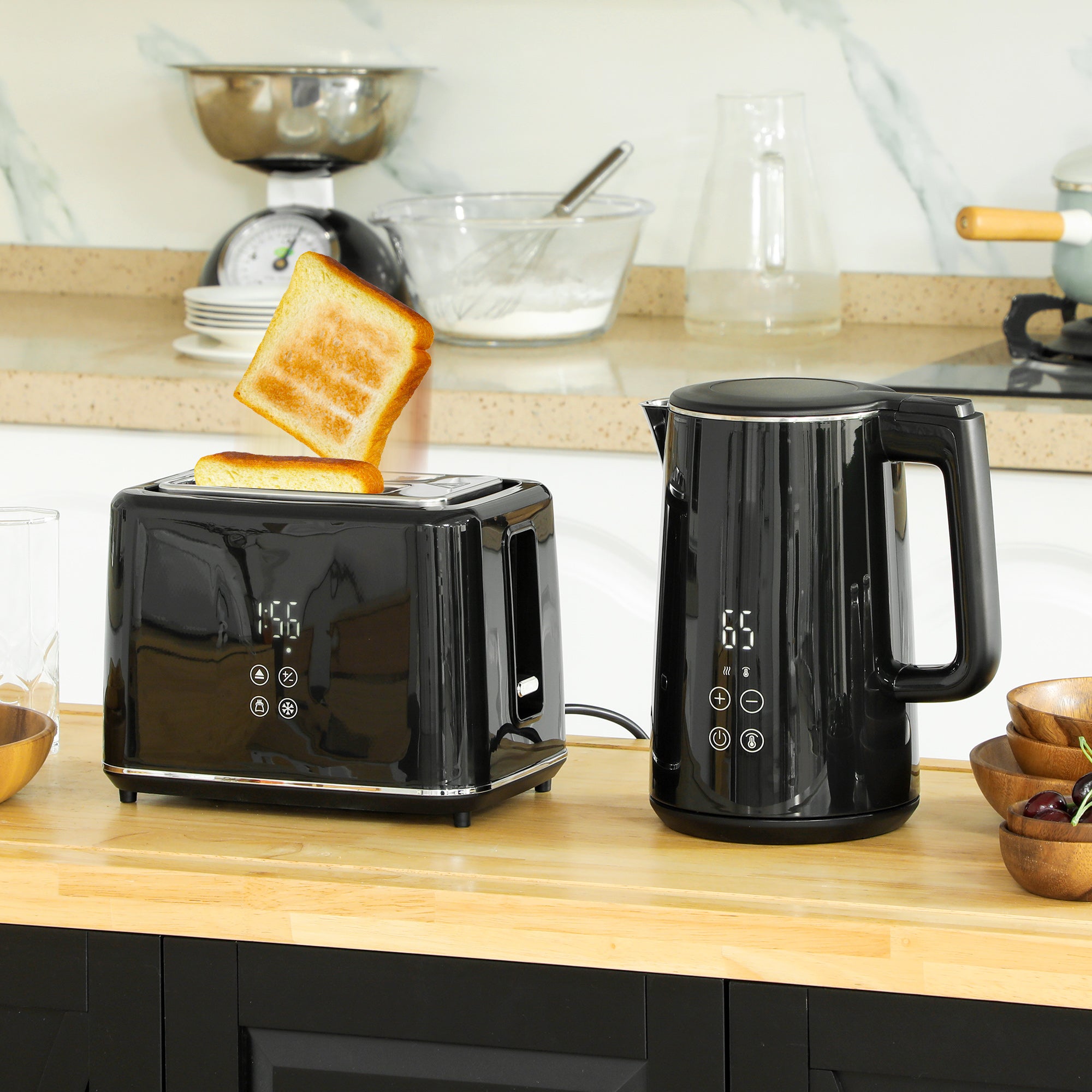 HOMCOM Kettle and Toaster Set, 1.5L 3000W Fast Boil Kettle with Insulation & 2 Slice Toaster Kitchen Set with 7 Level Browning Controls, Defrost, Reheat and Crumb Tray, Black - North Peak Garden Furniture