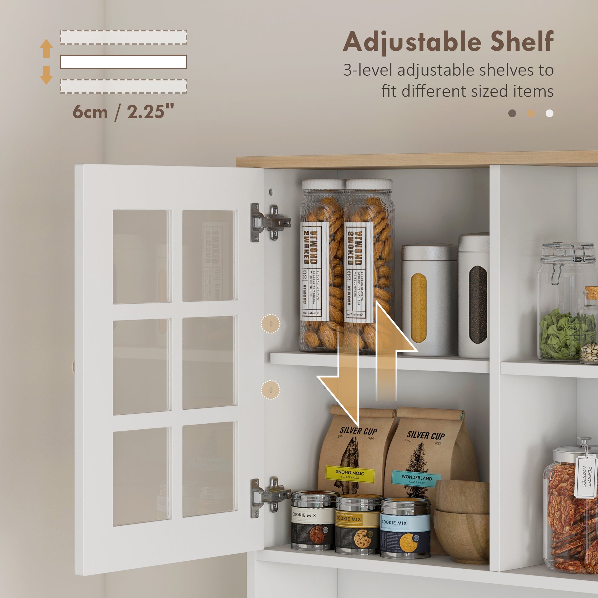 HOMCOM Freestanding Kitchen Cupboard, Storage Cabinet with Doors and Adjustable Shelves, Counter Top, Grid Glass Doors, 80L x 37W x 183H cm - White - North Peak Garden Furniture
