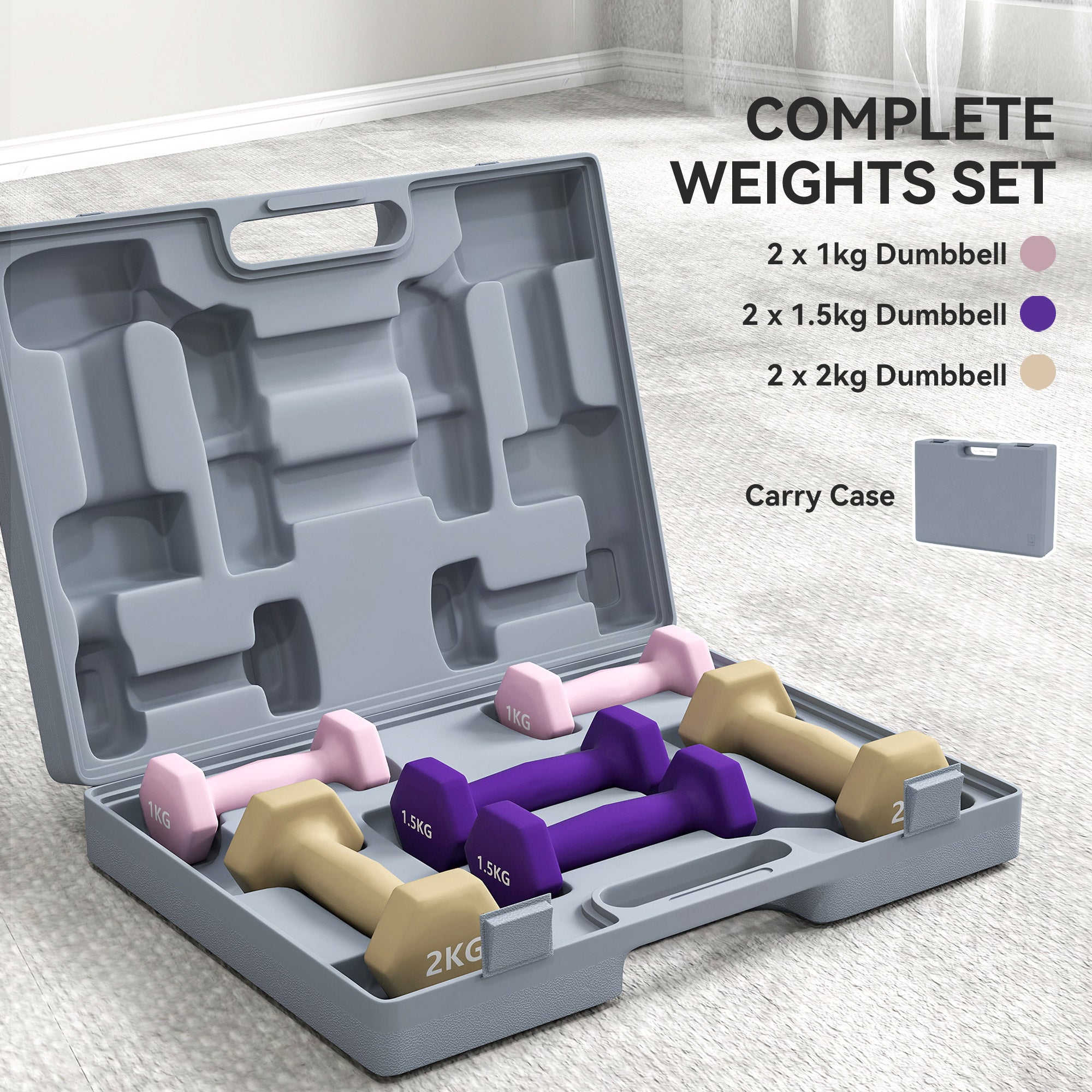 SPORTNOW 9kg Hex Dumbbells Set of 6, Hand Weights with Carry Case for Home Gym Strength Training, 2 x 1kg, 2 x 1.5kg, 2 x 2kg