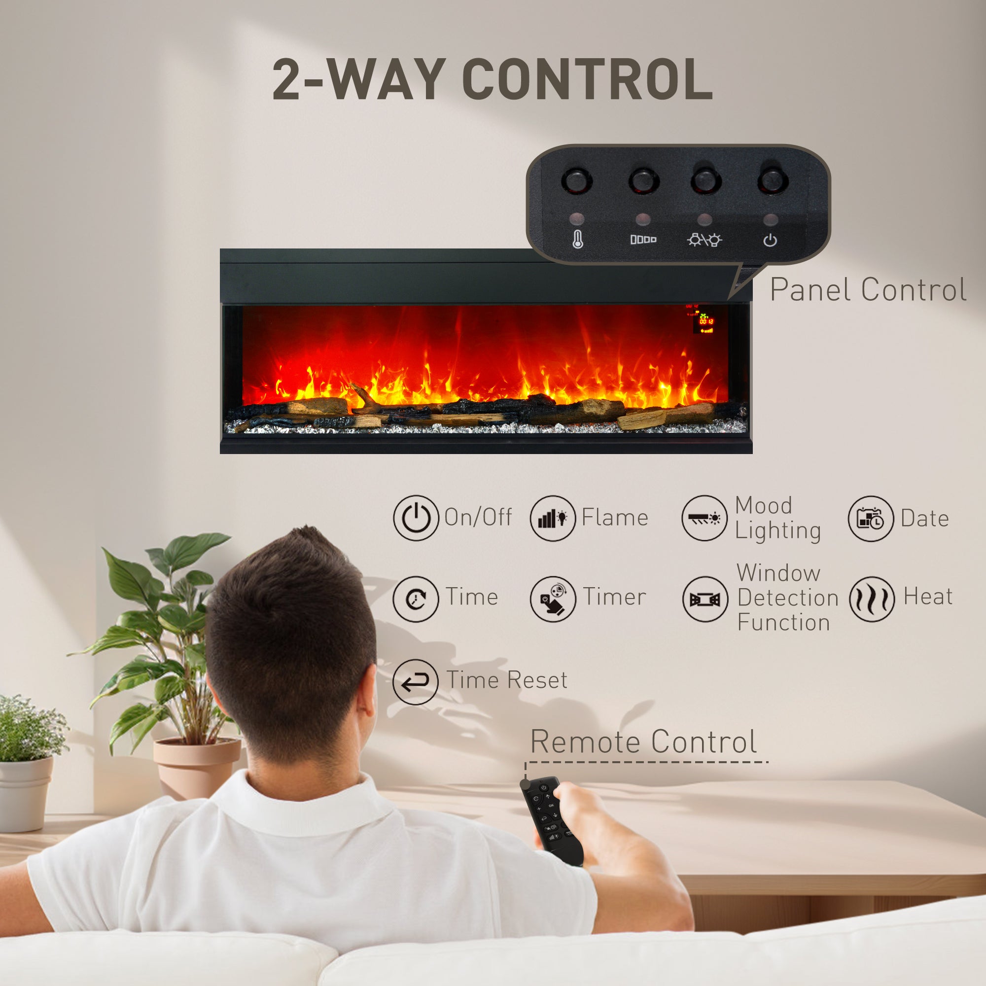 HOMCOM 1800W 15-40℃ Adjustable Flame Glass Panel Convector Heater, 127cm - North Peak Garden Furniture