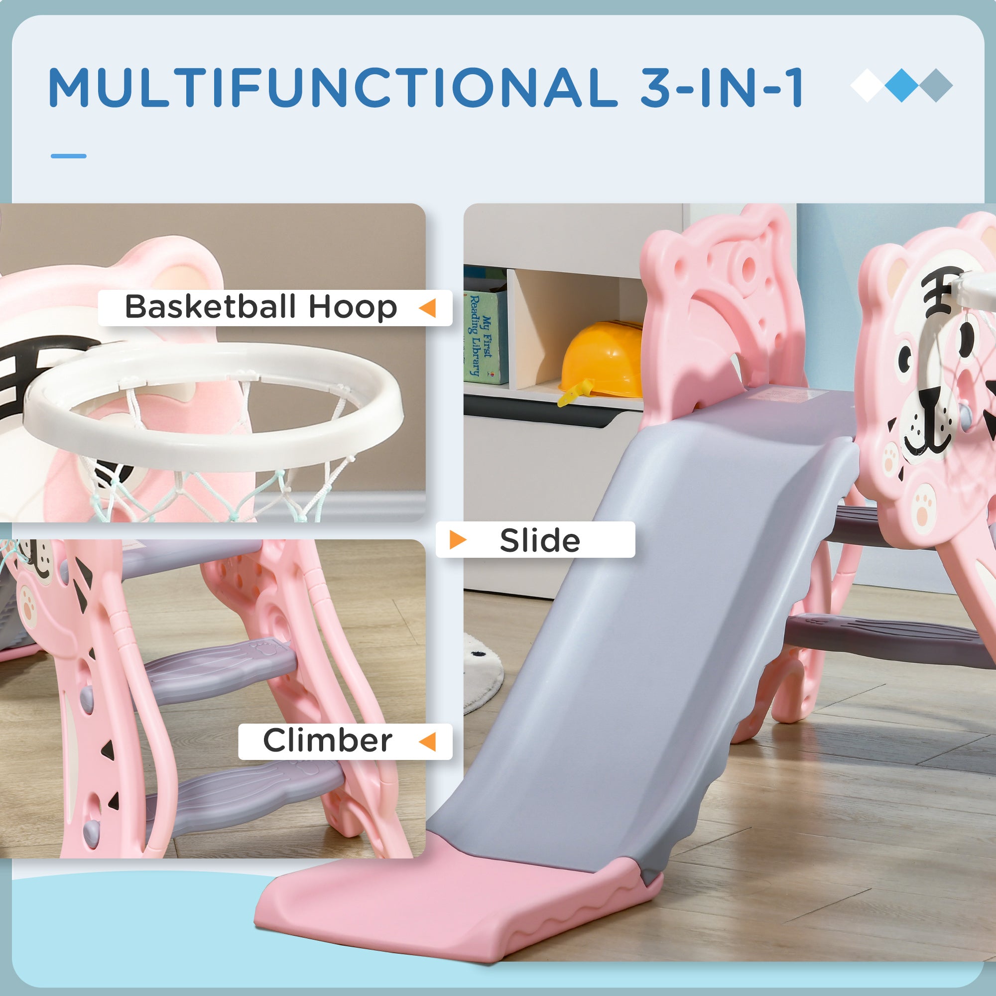 AIYAPLAY 2 in 1 Baby Slide for Indoor Use with Basketball Hoop, Basketball, for Ages 18-36 Months - Pink - North Peak Garden Furniture