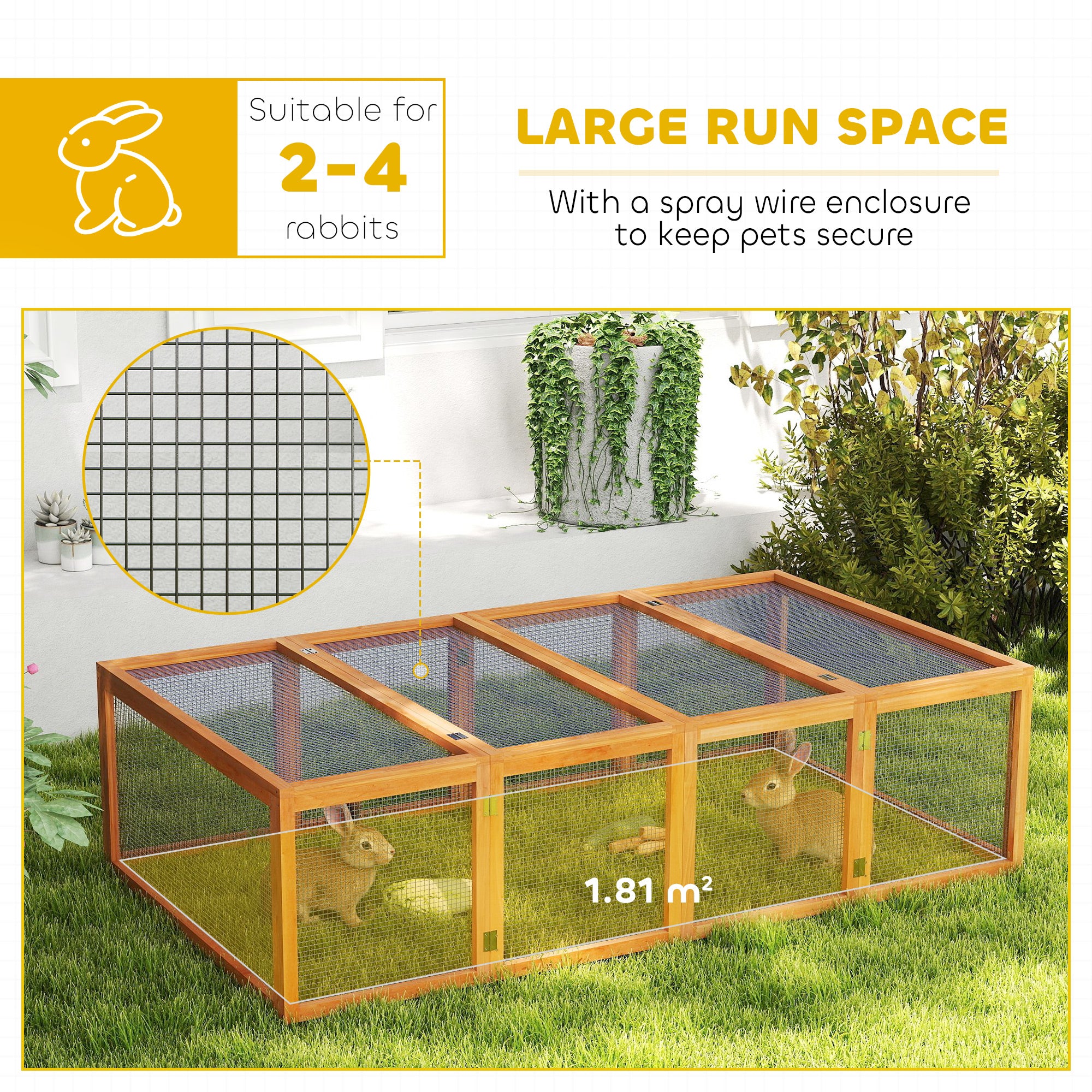 Pawhut Rabbit Run Wooden Rabbit Hutch Cage 6ft with Wire Mesh, Openable Roof, Play Space for Outdoor, 181 x 100 x 48 cm