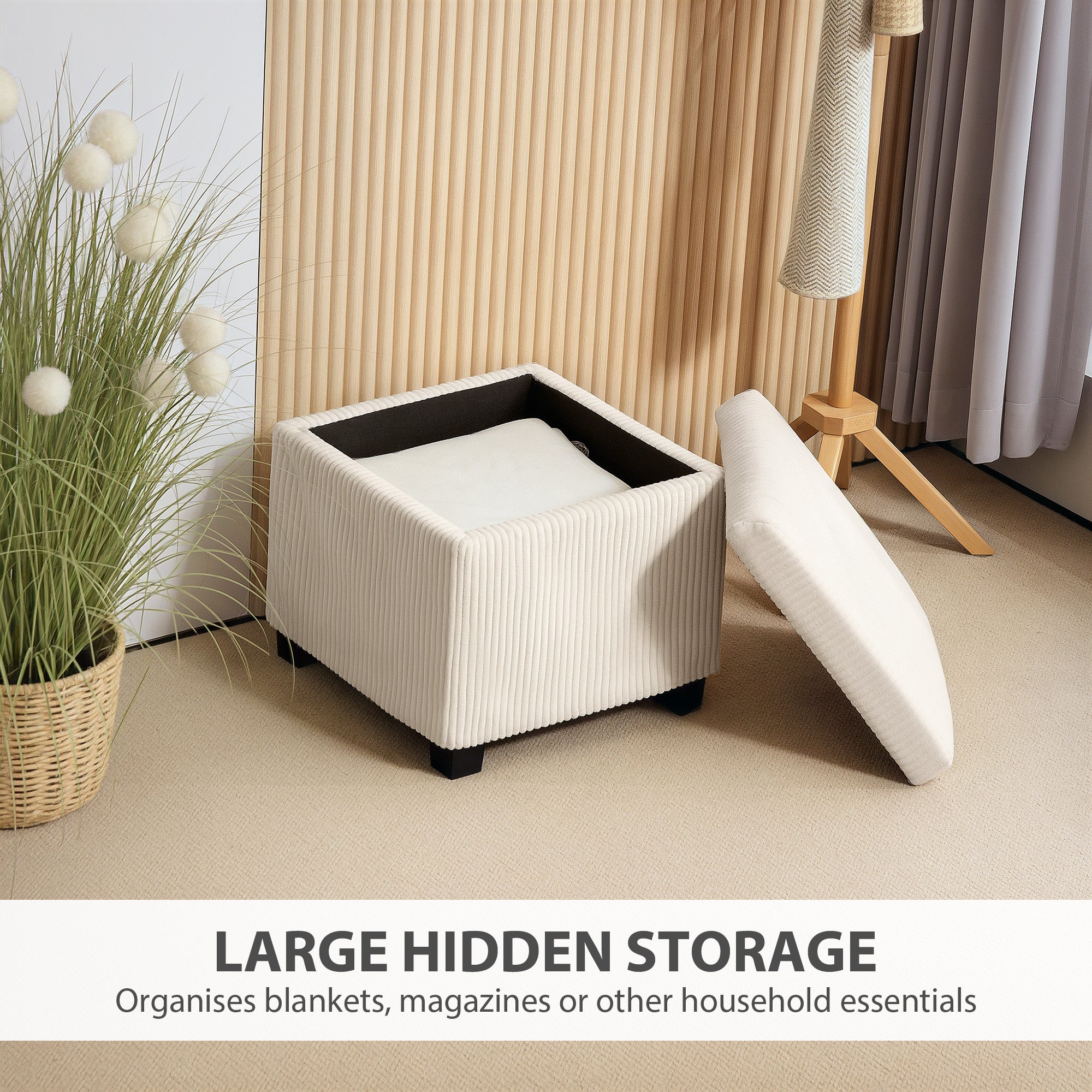 HOMCOM Storage Ottoman Bench, Corduroy Footstool with Removable Lid and Legs, 40cm Storage Chest Box for Living Room, Bedroom, Hallway, Beige - North Peak Garden Furniture