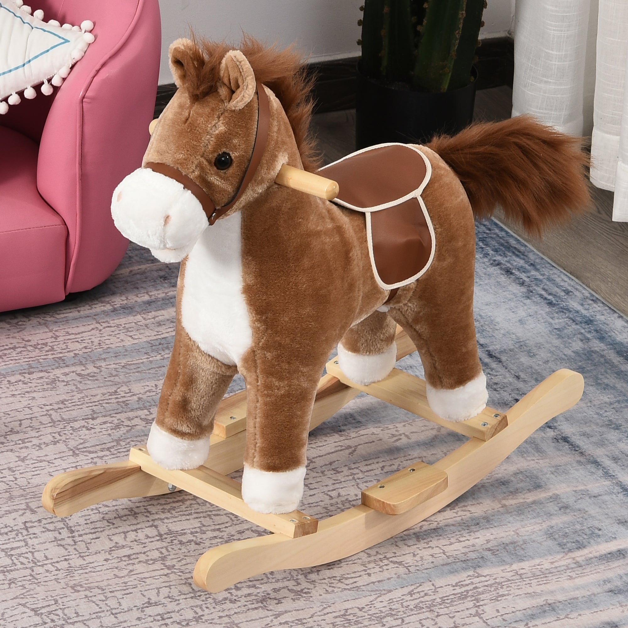 HOMCOM Kids Plush Rocking Horse w/ Sound Moving Mouth Wagging Tail Children Rocker Ride On Toy Gift 3-6 Years Brown - North Peak Garden Furniture