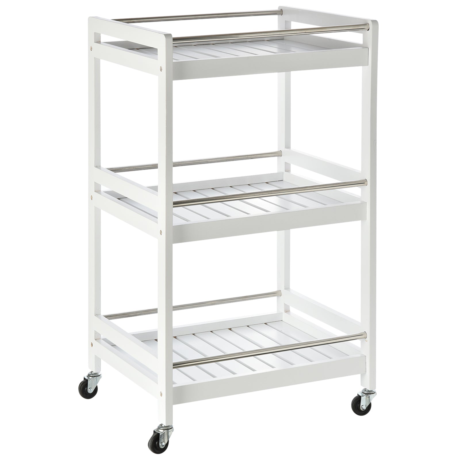 HOMCOM 3-Tier Home Trolley Kitchen Storage Cart w/ Steel Bars 4 Universal Wheels Rolling Unit Organiser Living Room White - North Peak Garden Furniture