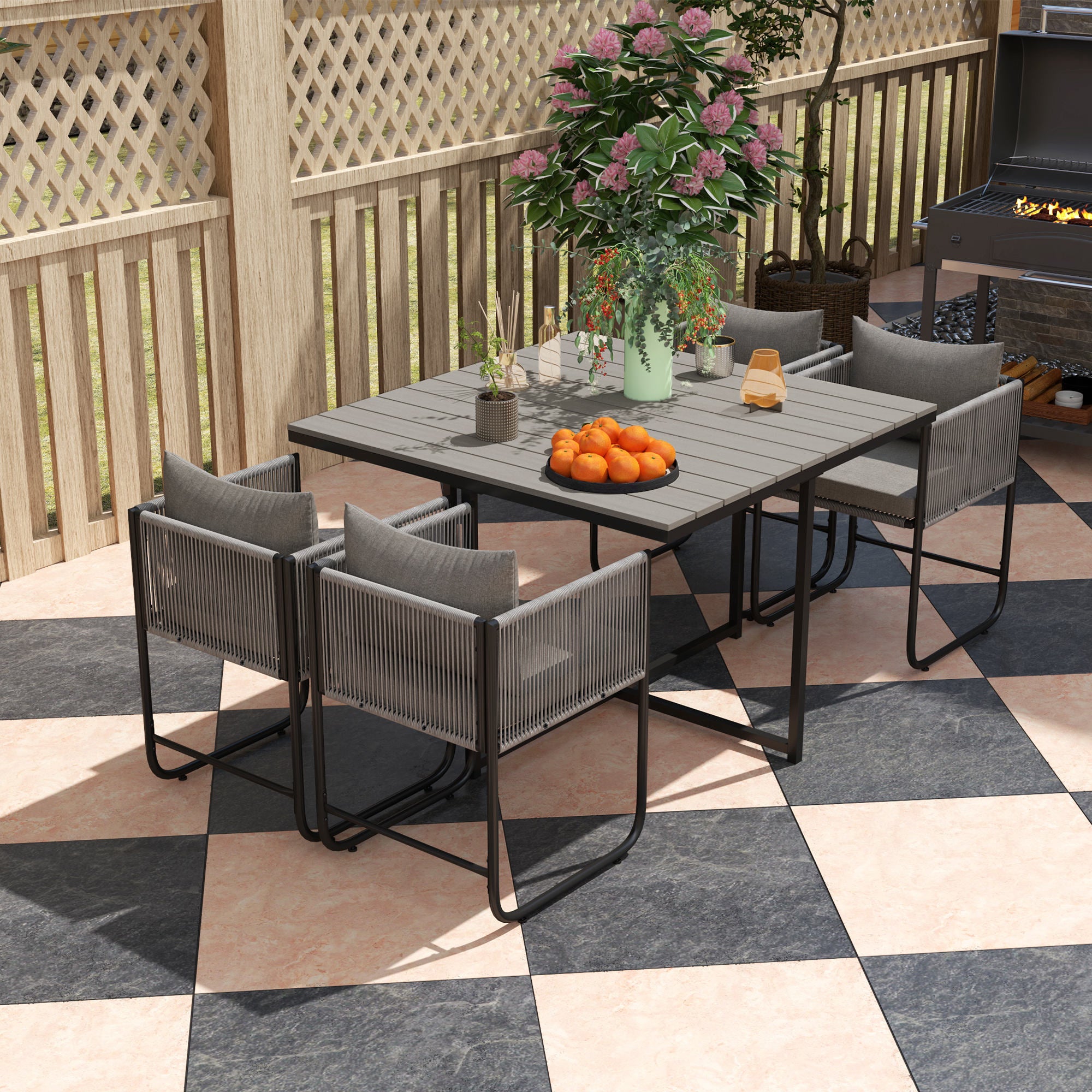 Outsunny 4 Seater Rattan Cube Garden Furniture Set, Rattan Dining Set with Cushions, Outdoor Dining Table and Chairs with Rectangular Wood Grain Plastic Top Table for Patio, Balcony, Grey - North Peak Garden Furniture