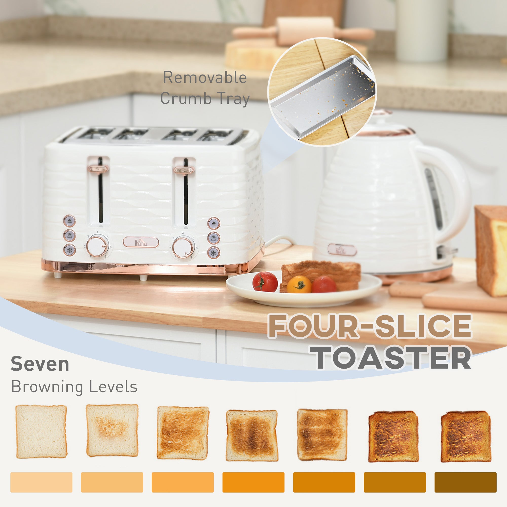 HOMCOM Kettle and Toaster Sets, 3000W 1.7L Rapid Boil Kettle & 4 Slice Toaster with 7 Browning Controls, Defrost, Reheat and Crumb Tray, Otter thermostat, Cream White - North Peak Garden Furniture