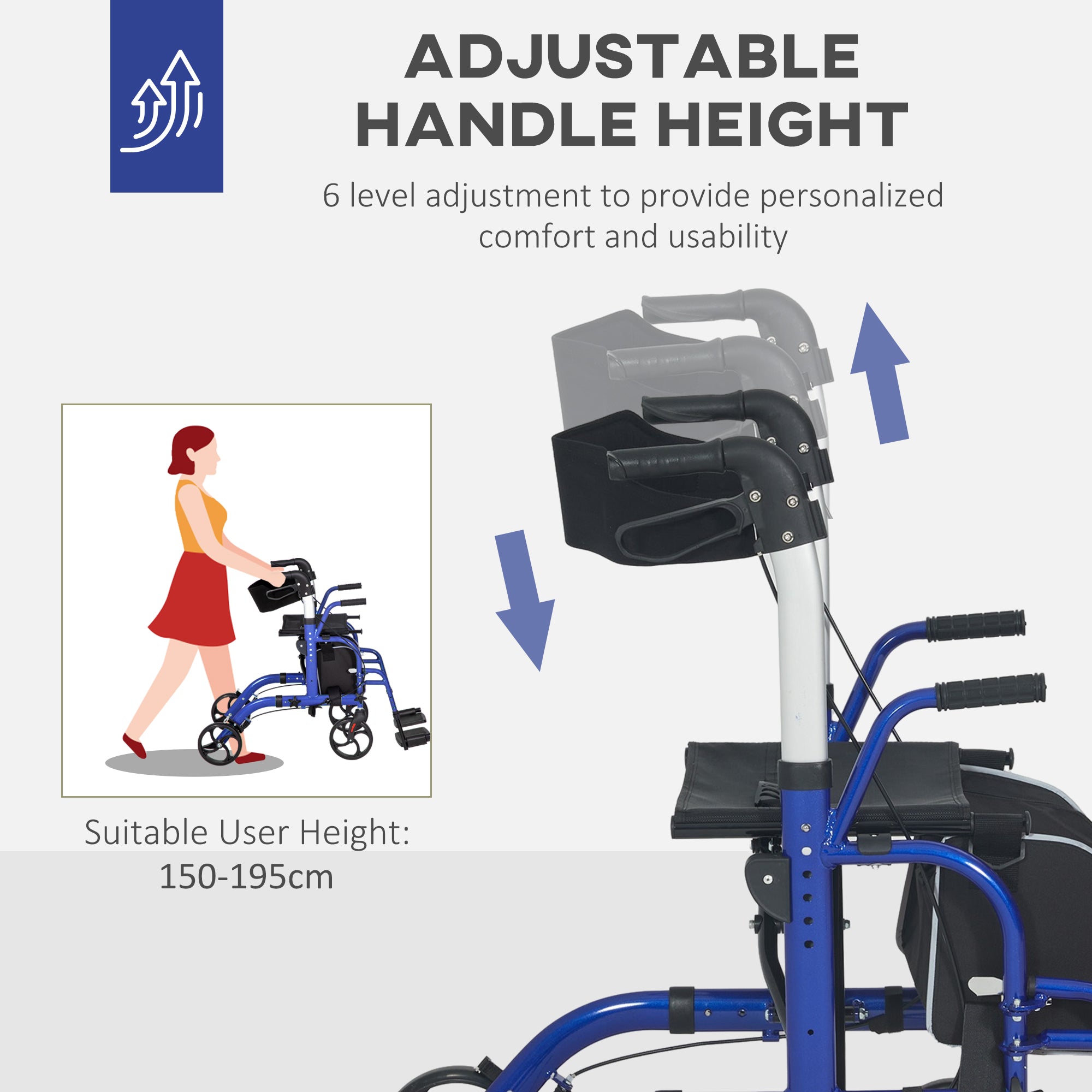 HOMCOM 2 in 1 Wheelchair Transport Chair & Folding Rollator Walker with Seat, Backrest, Footrest, Lightweight Walking Frame with Bag, Adjustable Height, 4 Wheeled Walker for Seniors, Pearl Blue - North Peak Garden Furniture