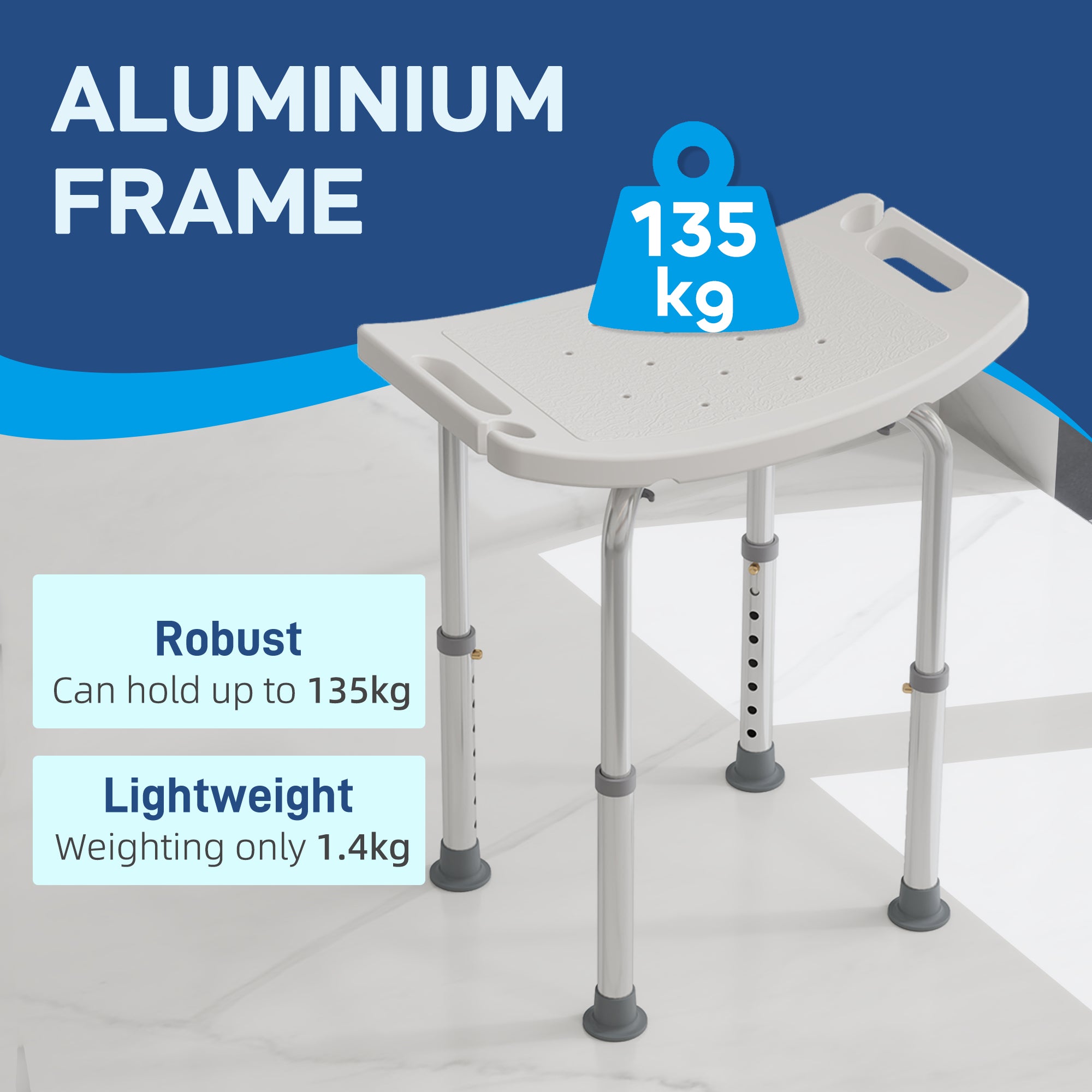 HOMCOM Height Adjustable Bath Stool, Aluminium Shower Stool with Non-Slip Pads for Elderly, Disabled, Seniors, Pregnant, White - North Peak Garden Furniture