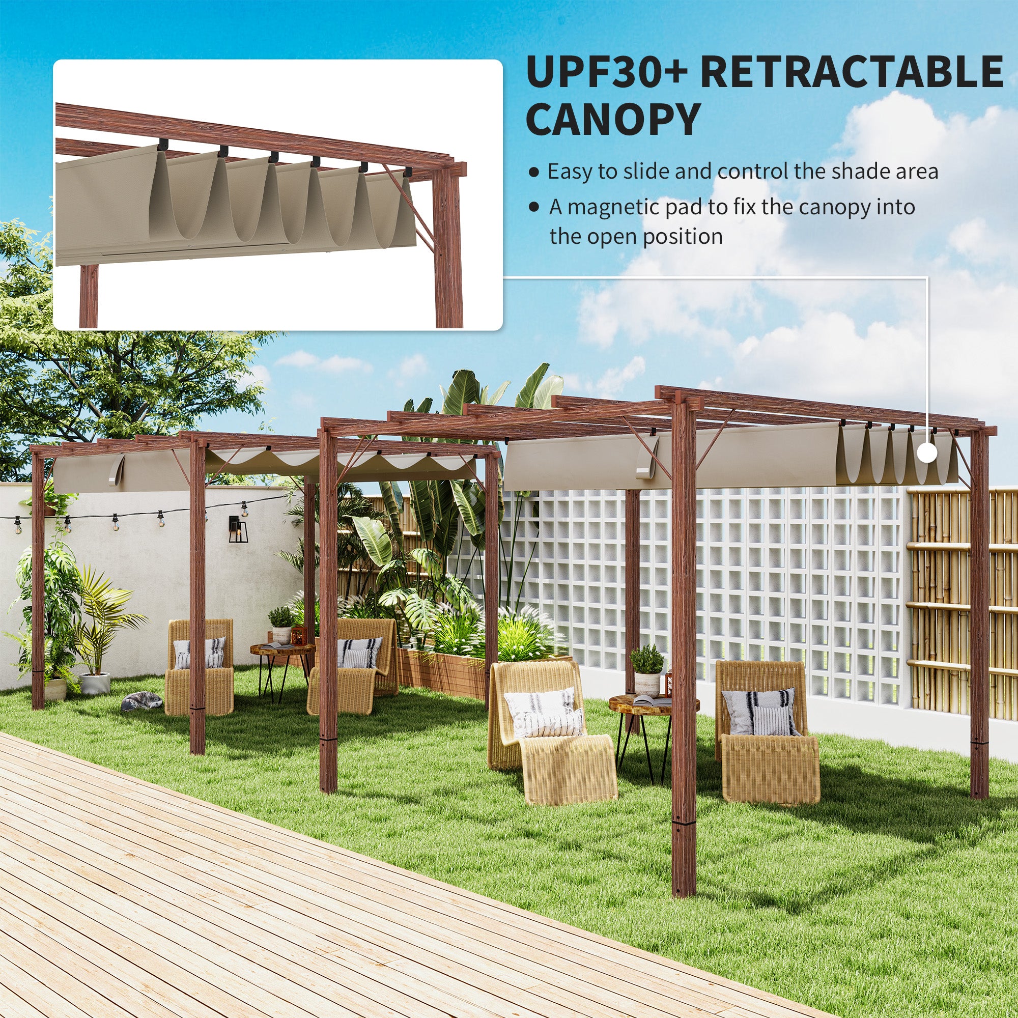 Outsunny 3 x 3 m Retractable Roof Pergola - Natural Wood Finish - North Peak Garden Furniture