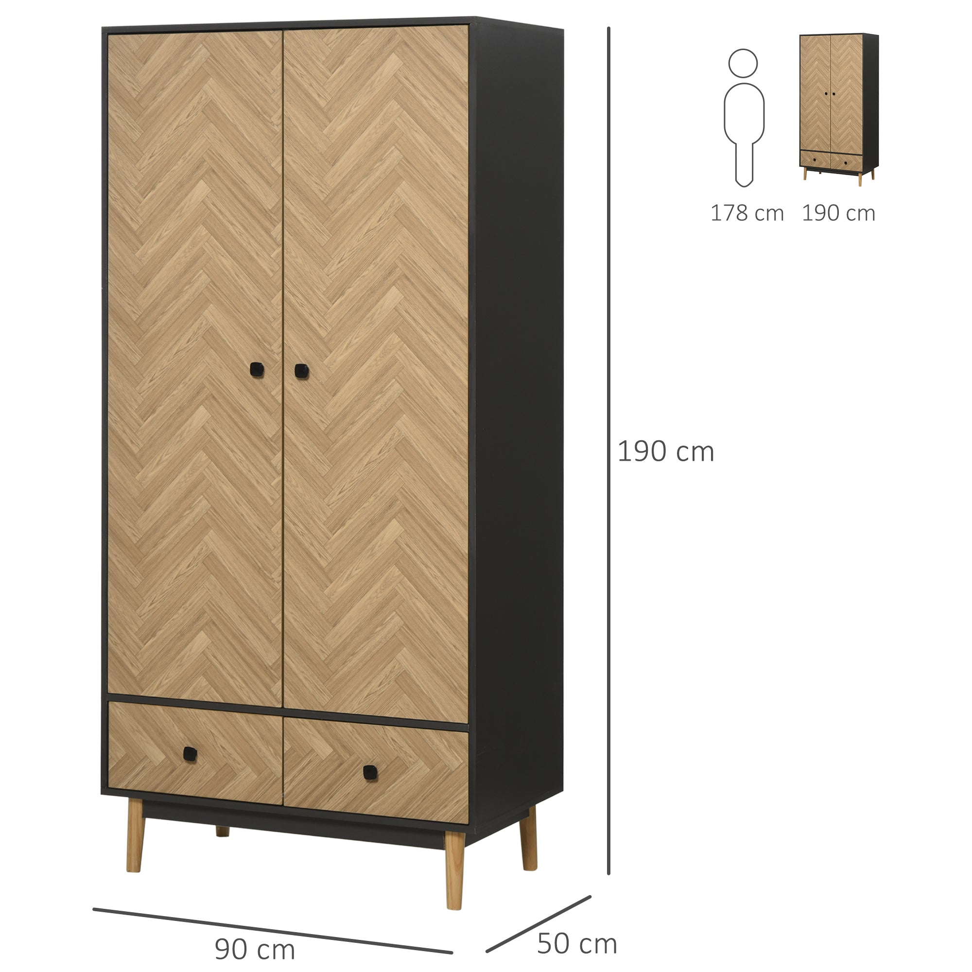 HOMCOM Modern Wardrobe Cabinet Wood Grain Sticker Surface with Shelf, Hanging Rod and 2 Drawers 90x50x190cm - North Peak Garden Furniture