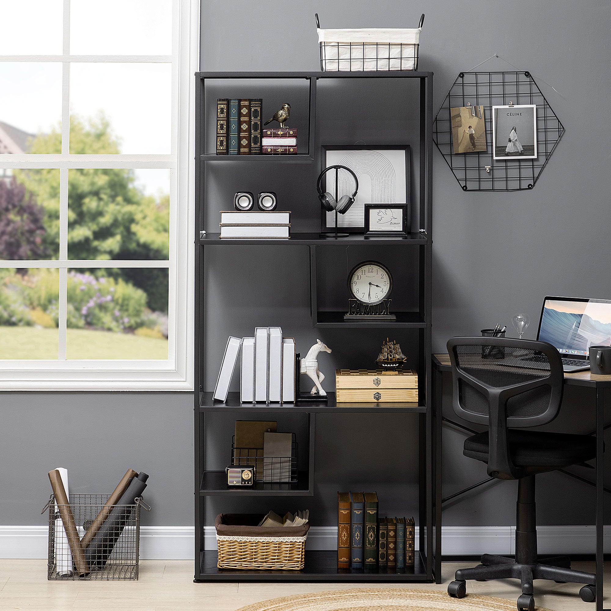 HOMCOM Industrial Accent Display Rack 7 Tier Bookcase, Display Rack for Living Room, Office, Bedroom, Black