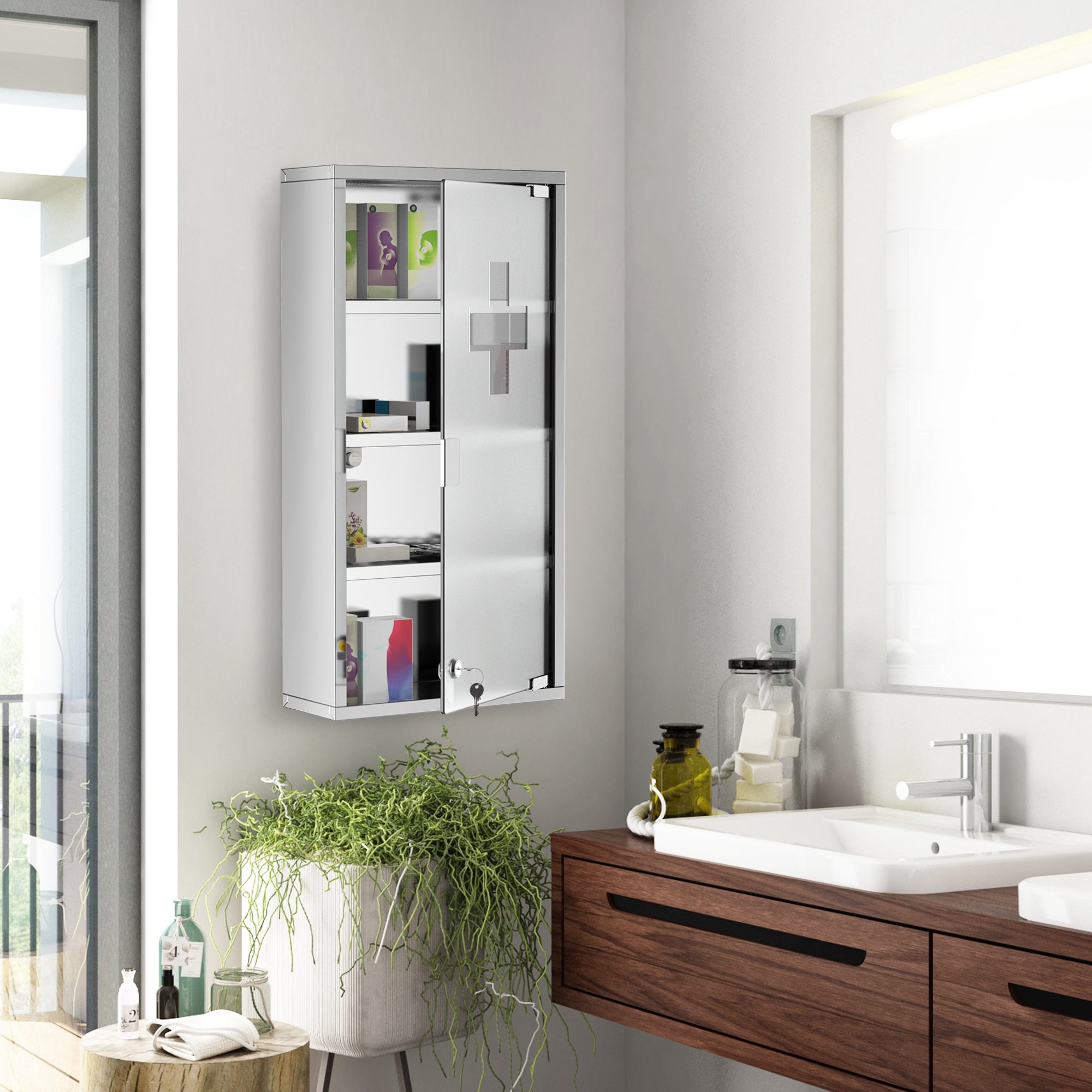 HOMCOM 4 Tier Stainless Steel Wall Mounted Medicine Cabinet Glass Lockable Door Storage Shelves Houseware Bathroom Furniture 60Hx30Wx12D(cm) w/2 Keys - North Peak Garden Furniture