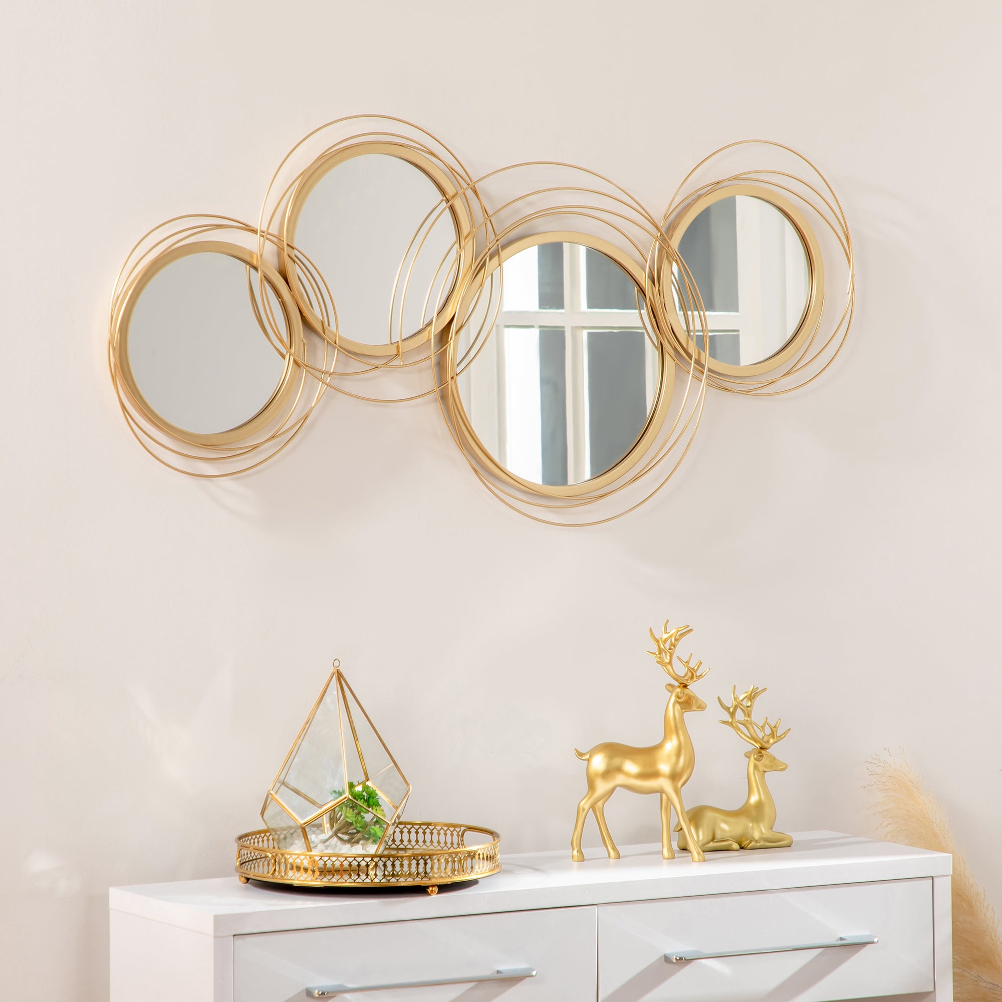 HOMCOM Metal Wall Art Modern Decorative Mirror Decor Hanging Home Wall Sculptures for Living Room Bedroom Dining Room, Gold - North Peak Garden Furniture