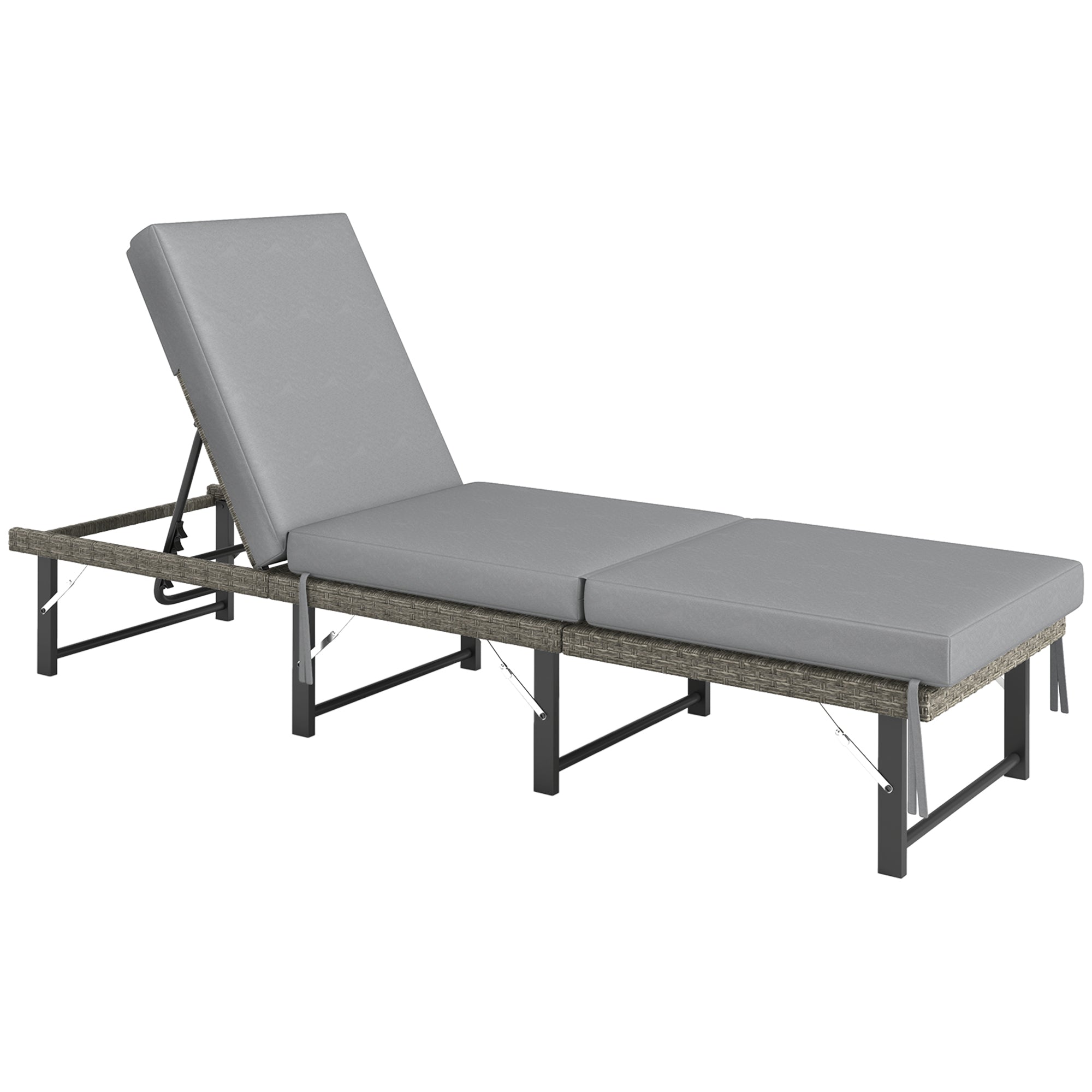 Outsunny Single Folding Rattan Sun Lounger, with Cushion - Grey