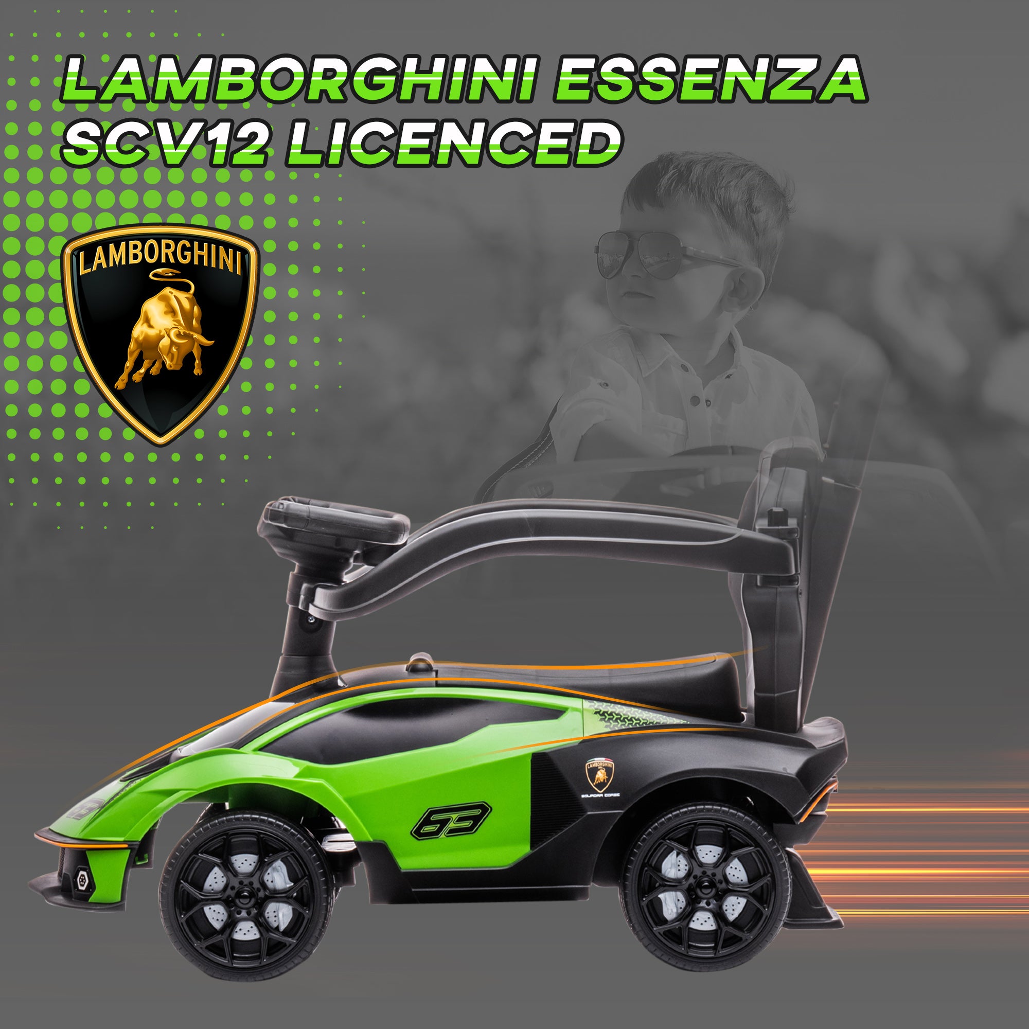 AIYAPLAY Kids 2-In-1 Lamborghini Ride-On and Stroller, with Horn - Green - North Peak Garden Furniture
