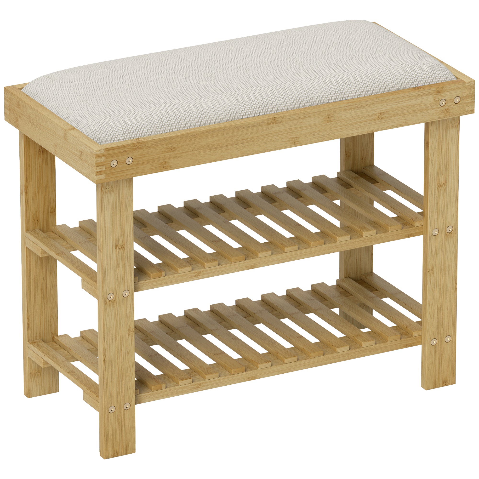 HOMCOM Bamboo Shoe Storage Bench, 3-Tier Shoe Bench with Seat Cushion, Shoe Rack for Entryway, Hallway, Living Room, Bedroom, Cream White - North Peak Garden Furniture