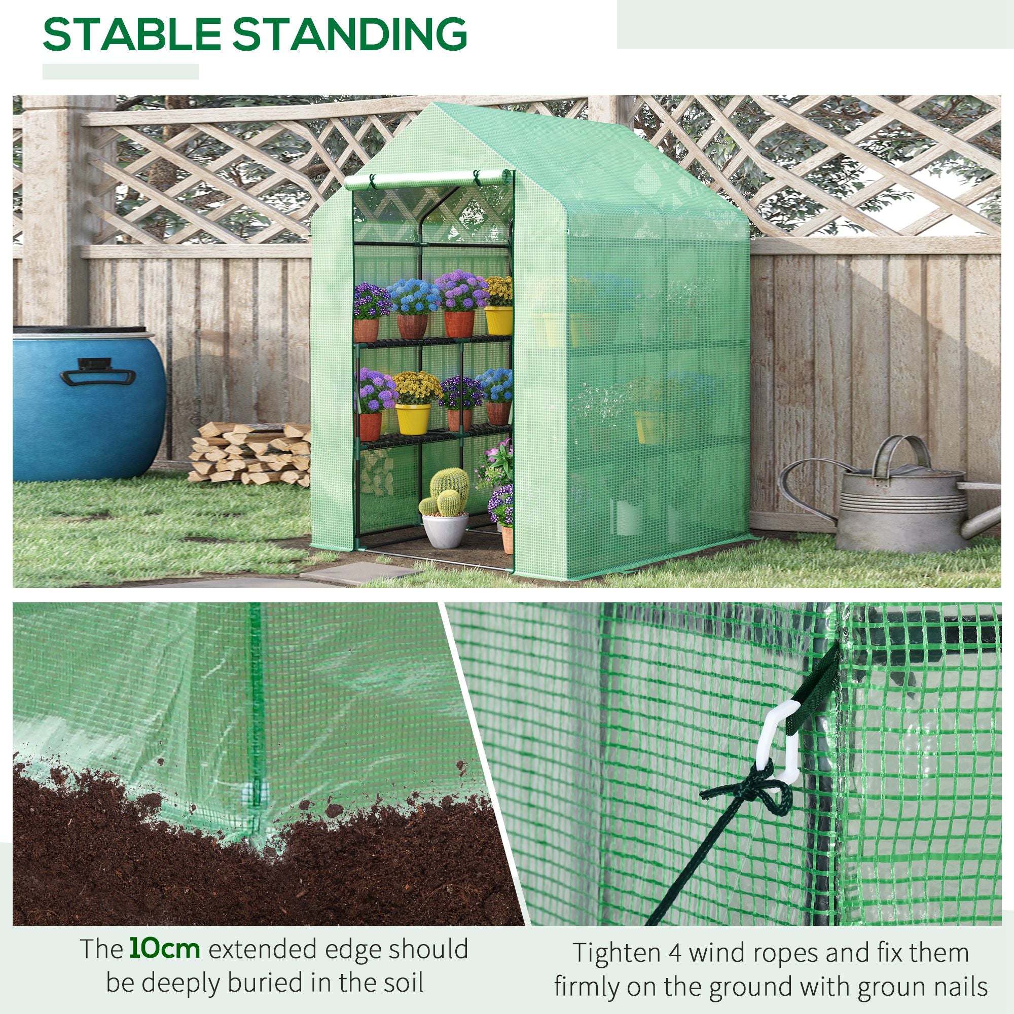 Outsunny Walk in Garden Greenhouse with Shelves Polytunnel Steeple Green house Grow House Removable Cover 143x138x190cm, Green - North Peak Garden Furniture