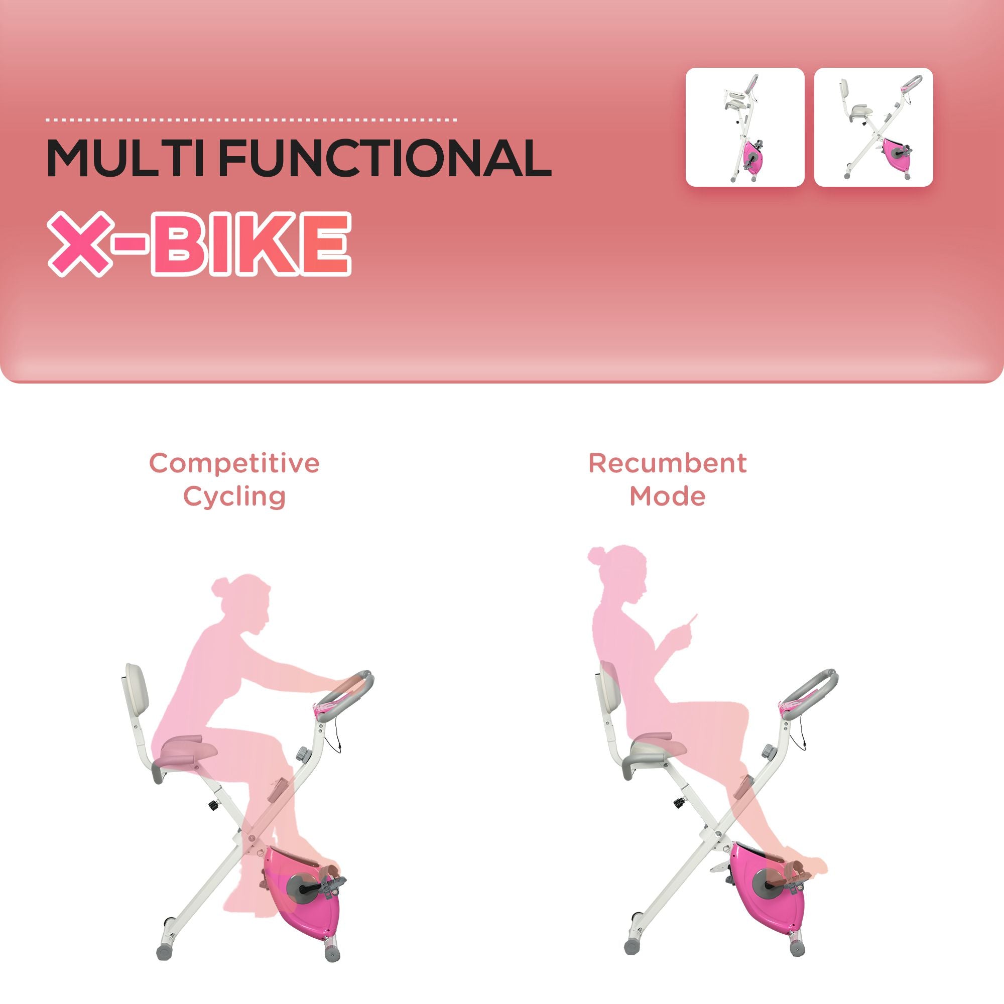 HOMCOM Folding Exercise Bike, with Adjustable Magnetic Resistance, Seat Height - White and Pink - North Peak Garden Furniture