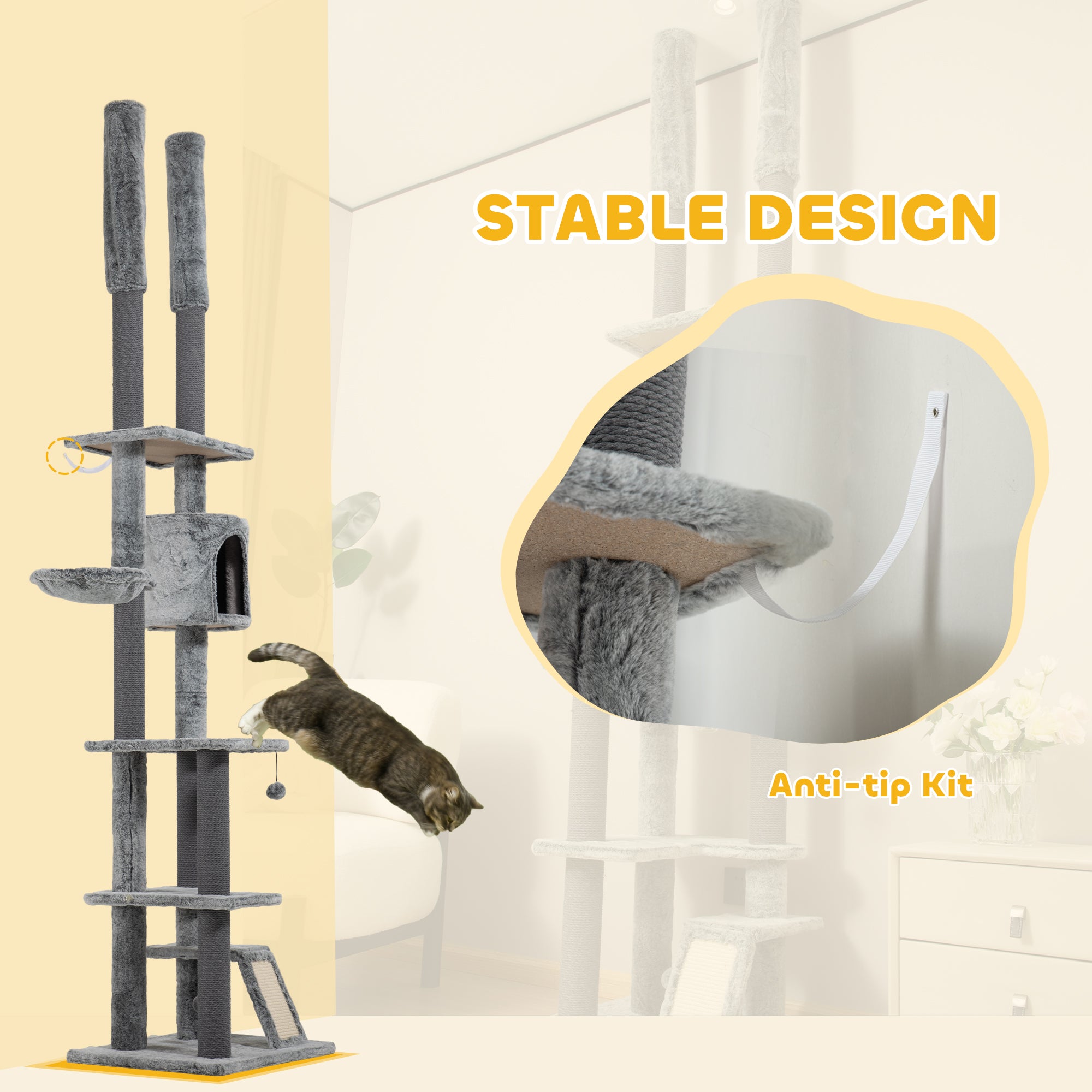 PawHut 225-255cm Height Floor-to-Ceiling Cat Tree Large Cat Tower w/ Cat Scratching Posts, Ramp, Condo - North Peak Garden Furniture