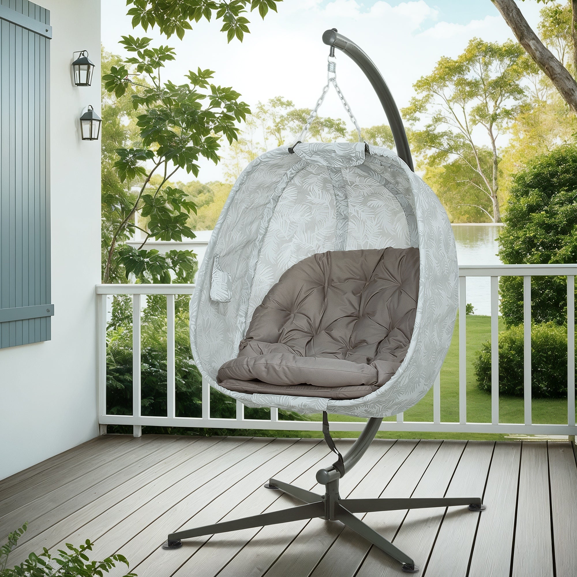 Outsunny Hanging Egg Chair Outdoor Indoor Garden Swing Chair with Folding Basket, Garden Hanging Chair with Stand, Thickened Cushion, Cup Holder for Patio, Balcony, Sand Brown - North Peak Garden Furniture