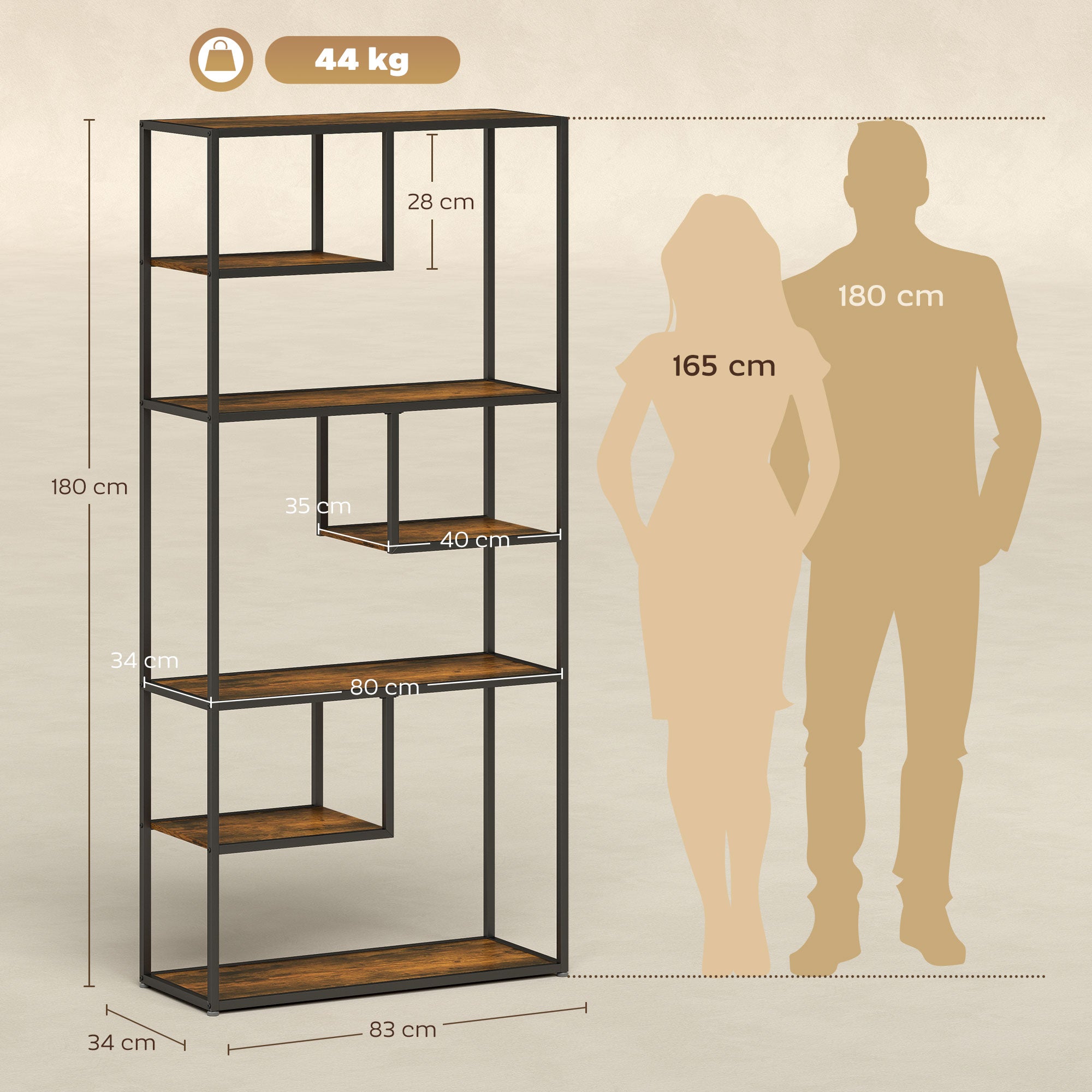 HOMCOM Industrial Bookcase Shelf, 7 Tier Metal Shelving, Storage Shelves for Living Room, Home Office, Bedroom, Rustic Brown