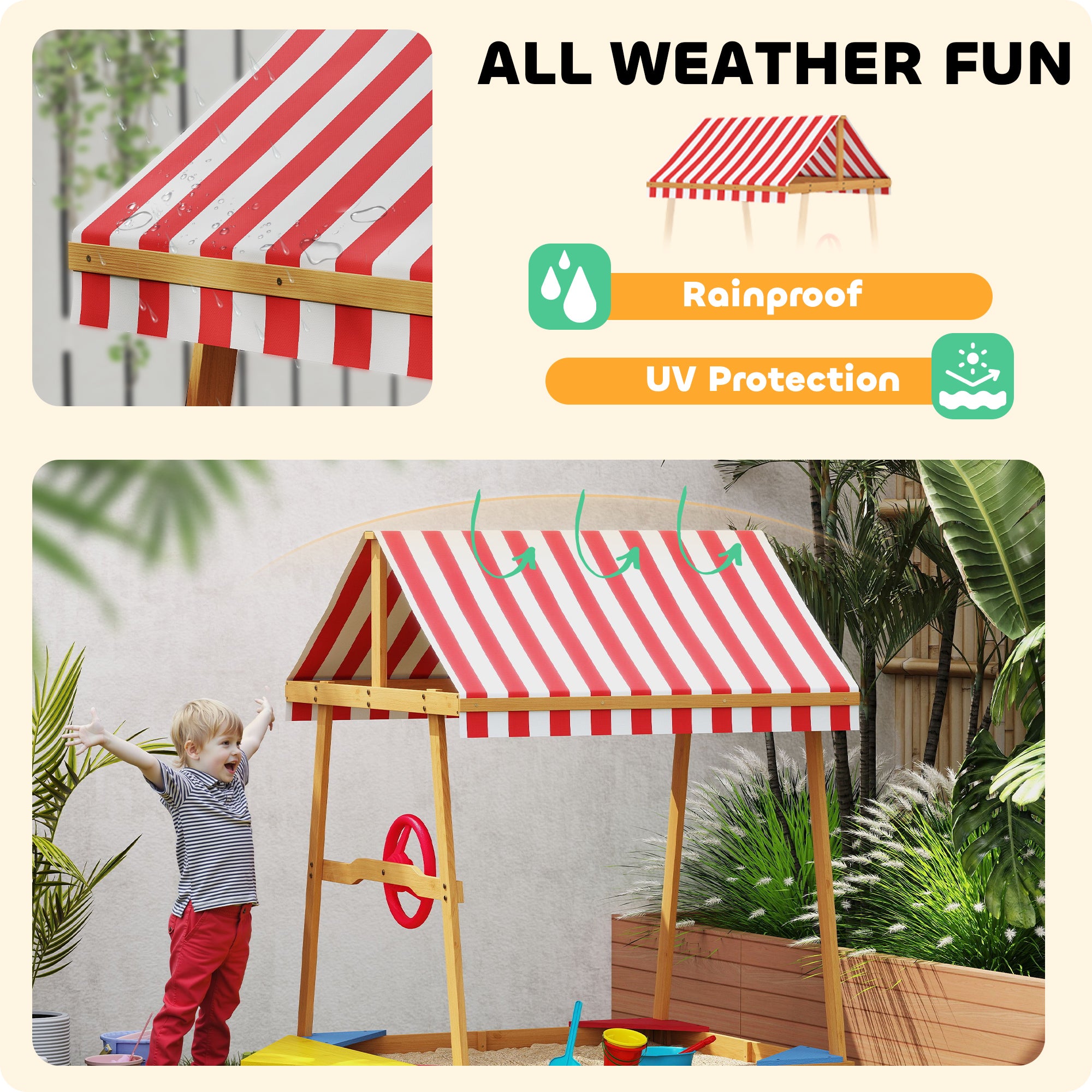 AIYAPLAY Wooden Kids Sandpit Boat Style with Canopy, 4 Seats, Rudder, Bottom Liner, for Children 3-8 Years, Yellow - North Peak Garden Furniture