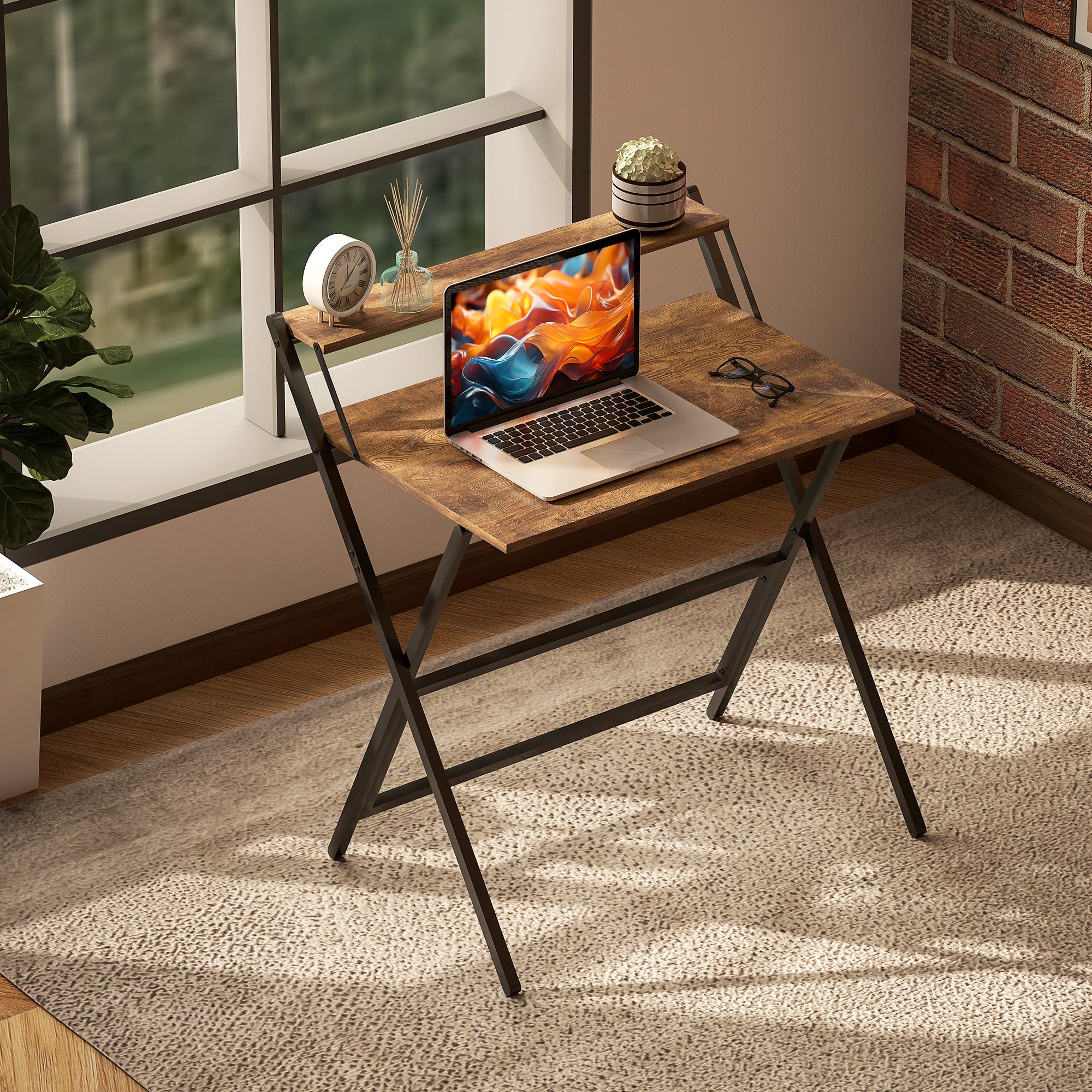 HOMCOM 81.5 cm Folding Computer Desk with Monitor Shelf - Rustic Brown - North Peak Garden Furniture