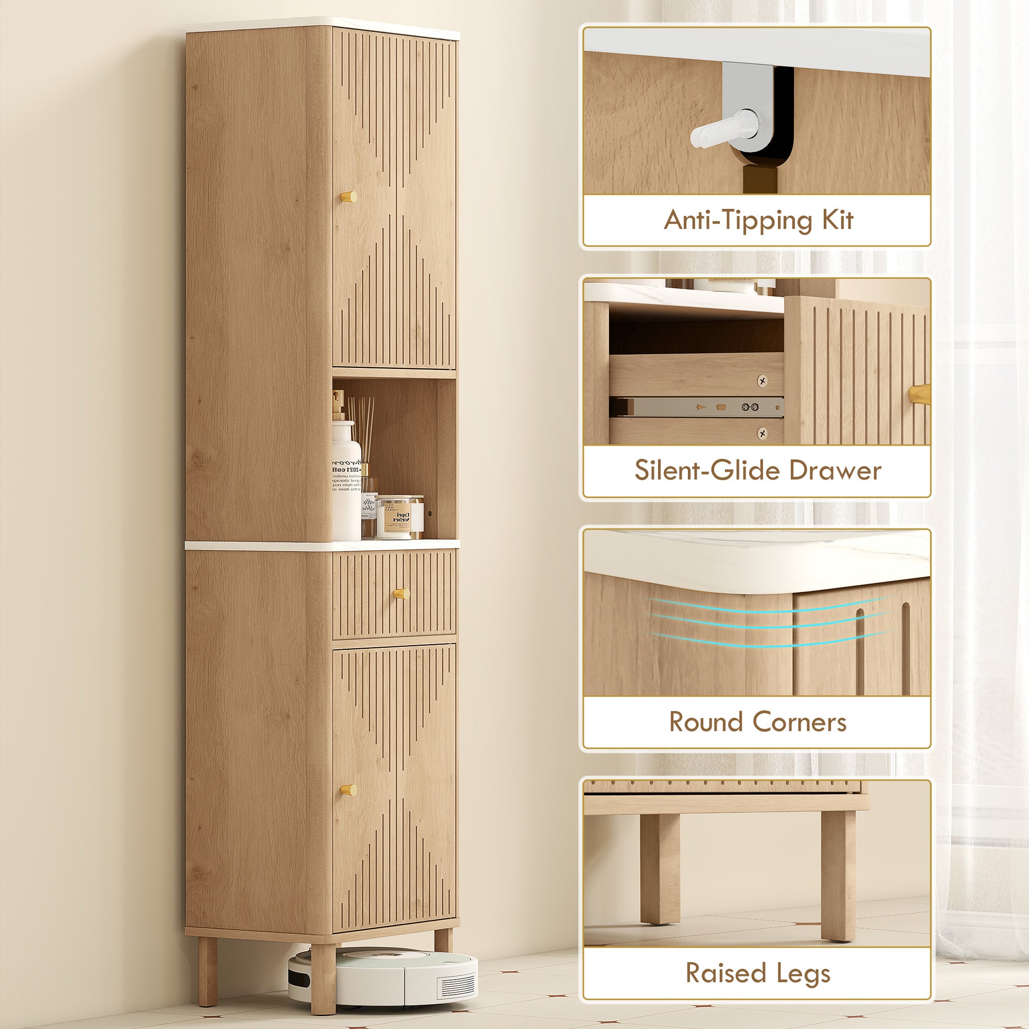 HOMCOM Slim Bathroom Cabinet with Silent Drawer Rail for Scandinavian, Japanese Styles - Wood-Effect