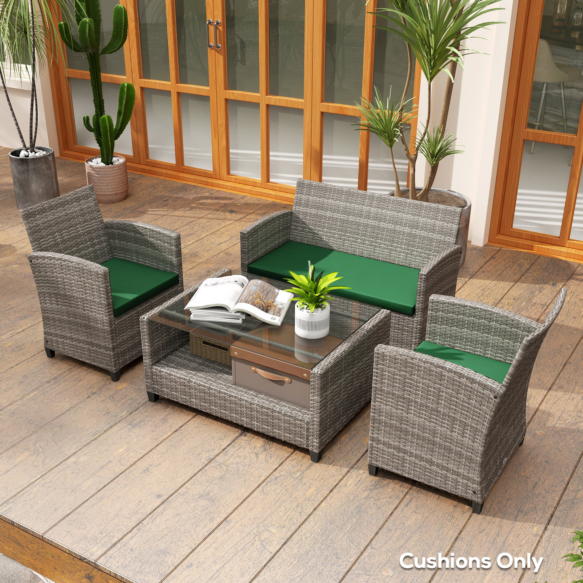 Outsunny Outdoor Seat Cushion Pads for Rattan Furniture, 3 PCs Garden Furniture Cushions, Green - North Peak Garden Furniture